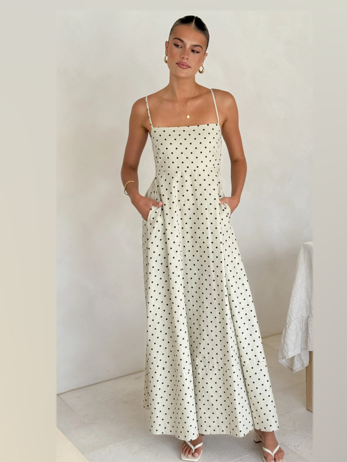 Beige Black Polka Dot maxi formal dress, alternate full-length view showing the hem