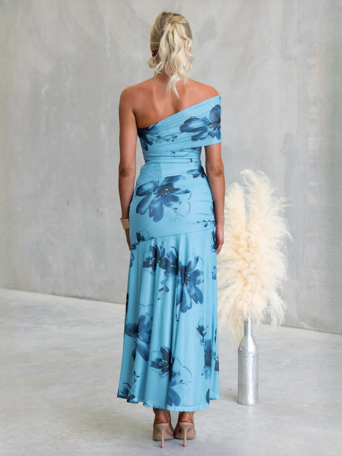 Light Blue Navy Floral Print sheath maxi formal dress with ruching, alternate full-length view showing the skirt