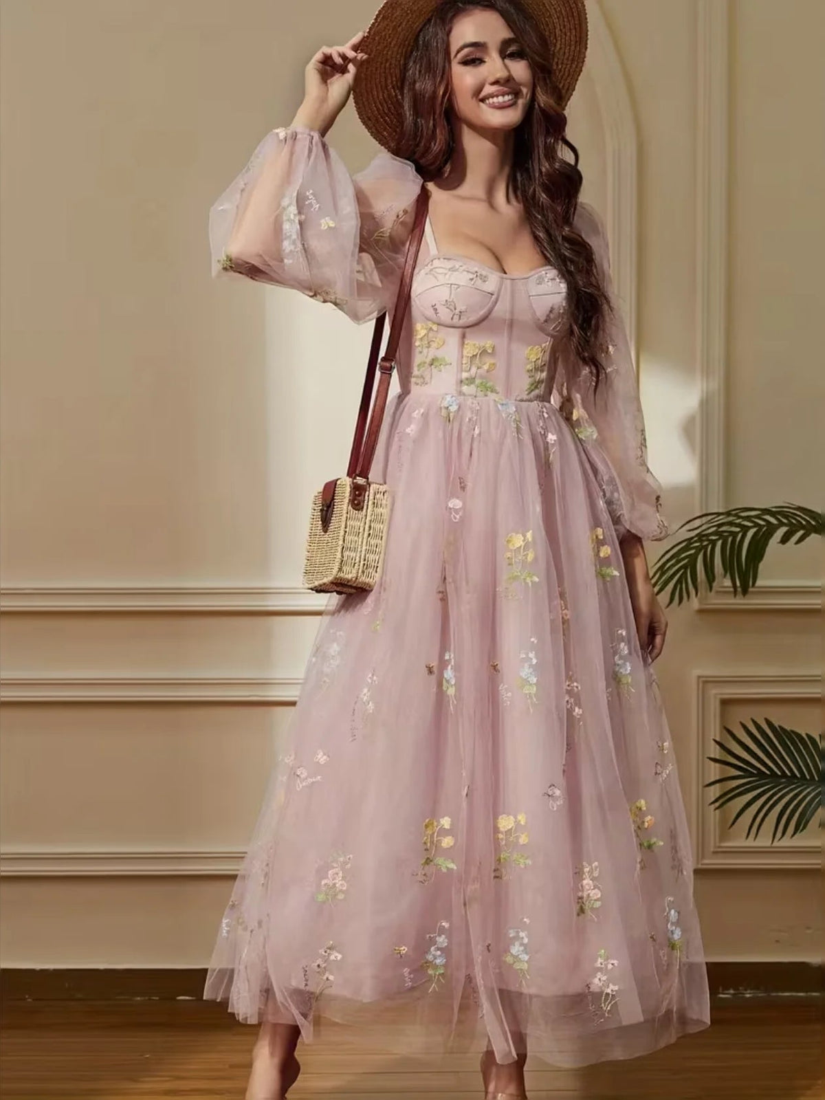 Sweetheart A-line midi prom dress in light pink with embroidered floral pattern and tulle skirt