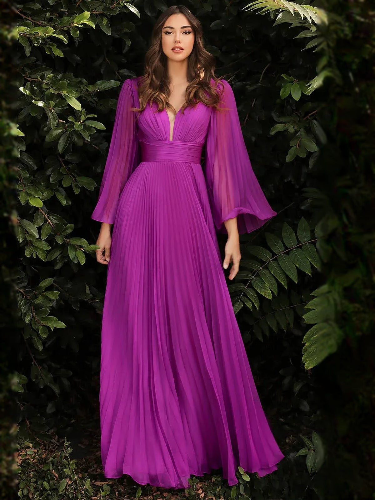 Purple V-neck pleated A-line chiffon dress with long flutter sleeves