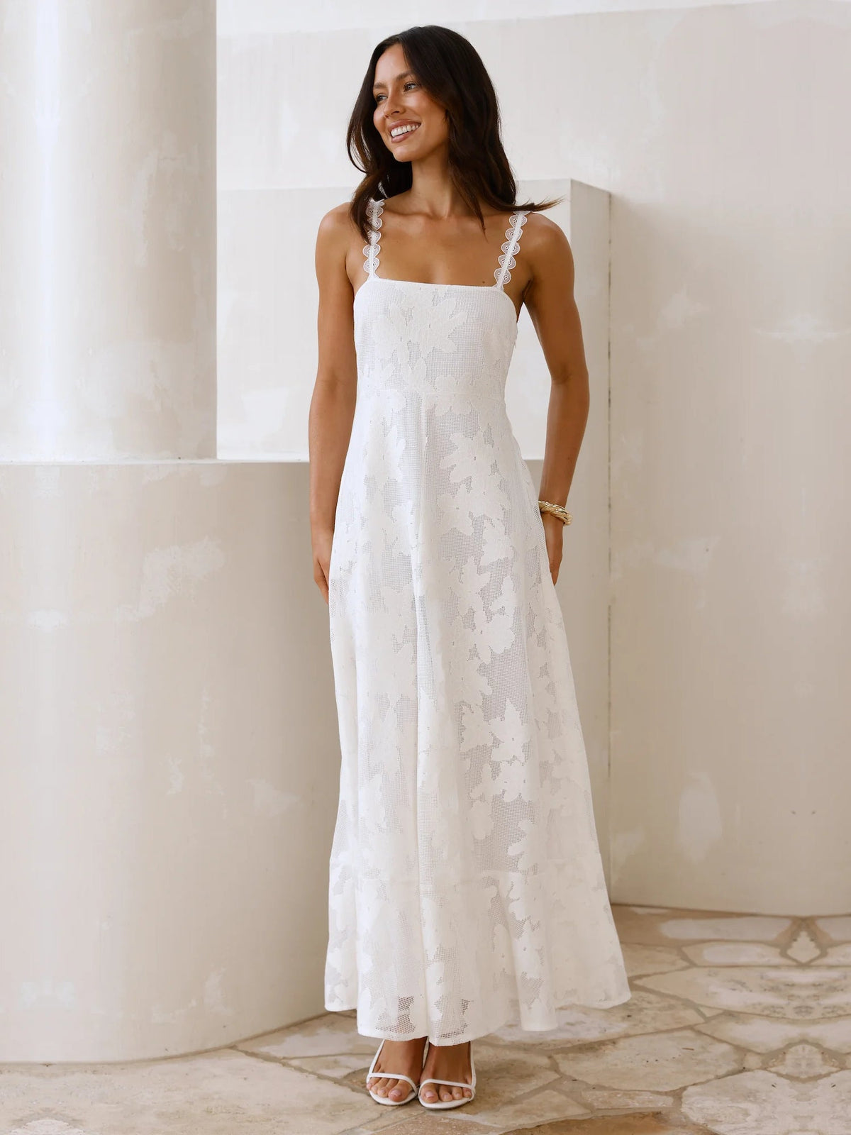 Cream a-line maxi formal dress with floral print, alternate view showing the skirt