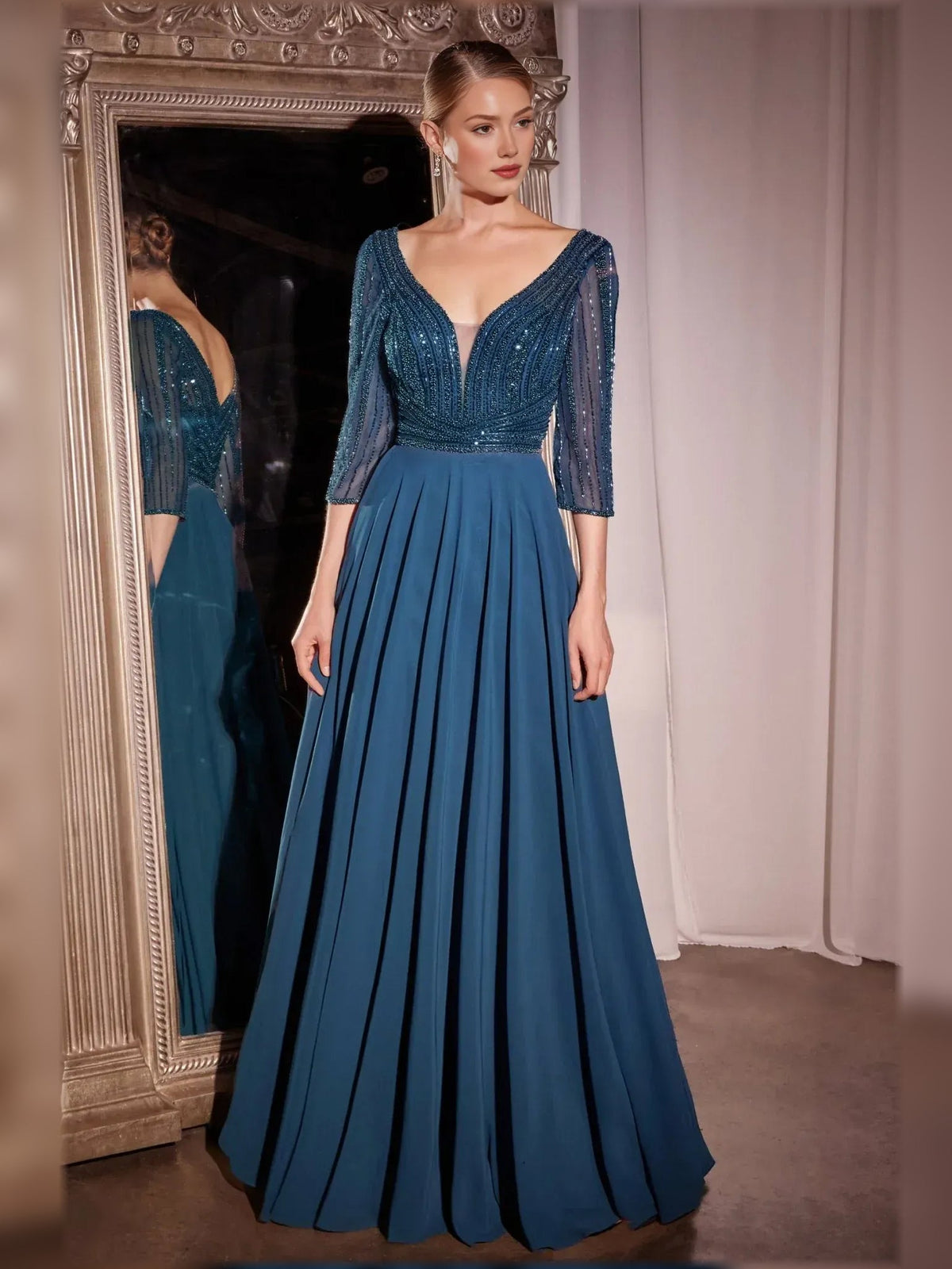 Ink blue V-neck chiffon A-line formal dress with sparkling beaded bodice and 3/4 sleeves