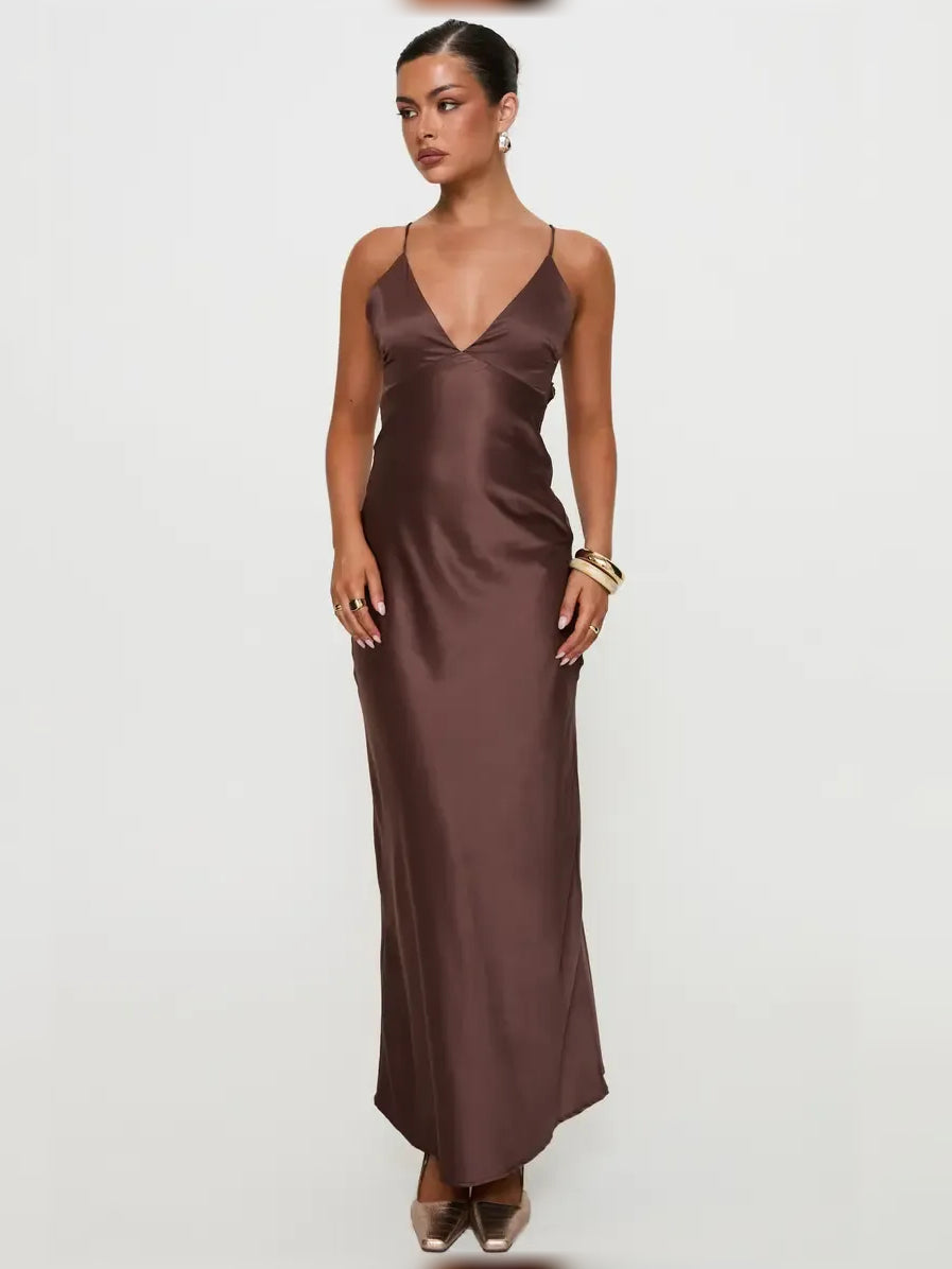 Chocolate satin V-neck spaghetti strap formal dress, straight front view