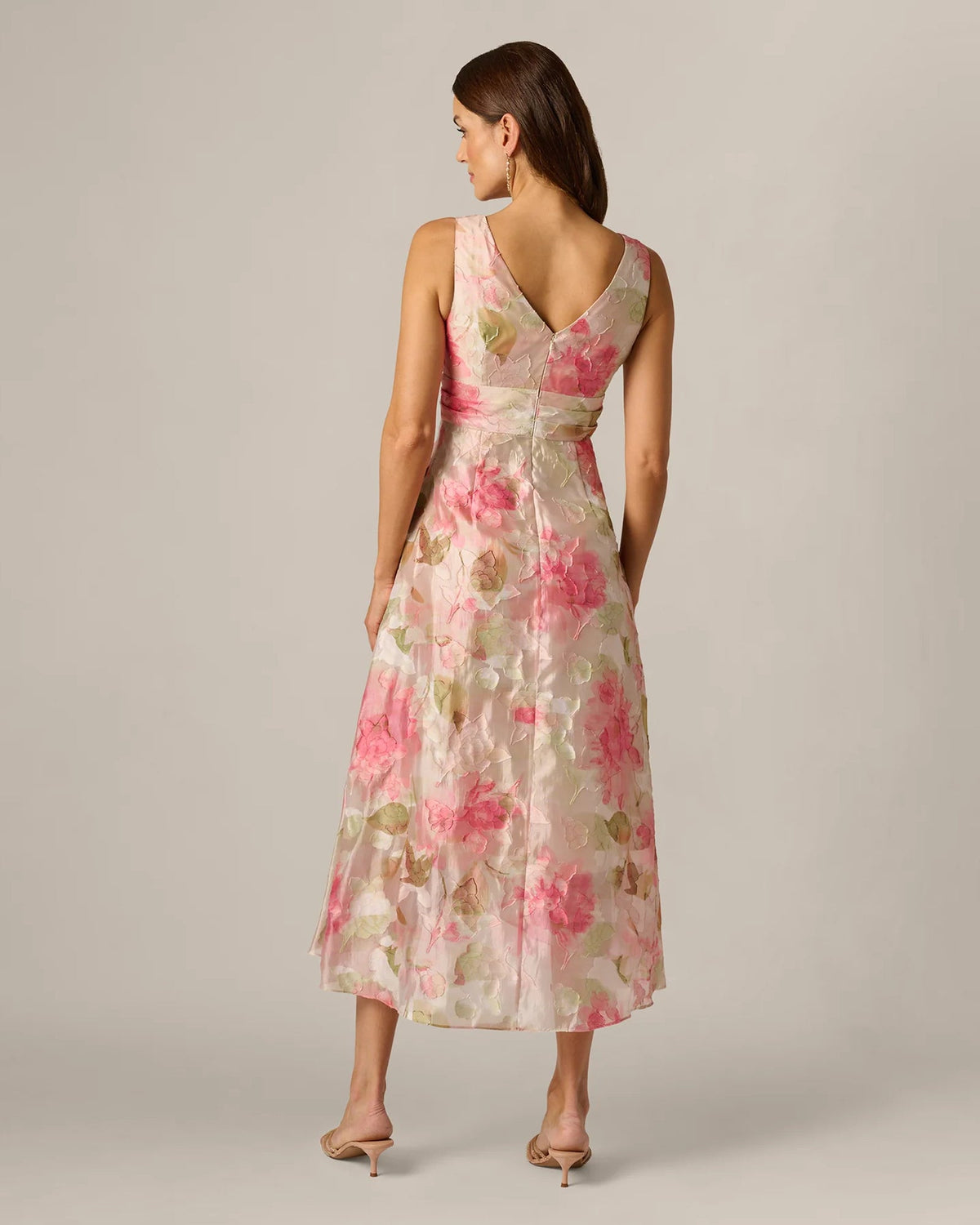 Floral A-line midi dress sleeveless with V-back and layered ruffle skirt, pink floral
