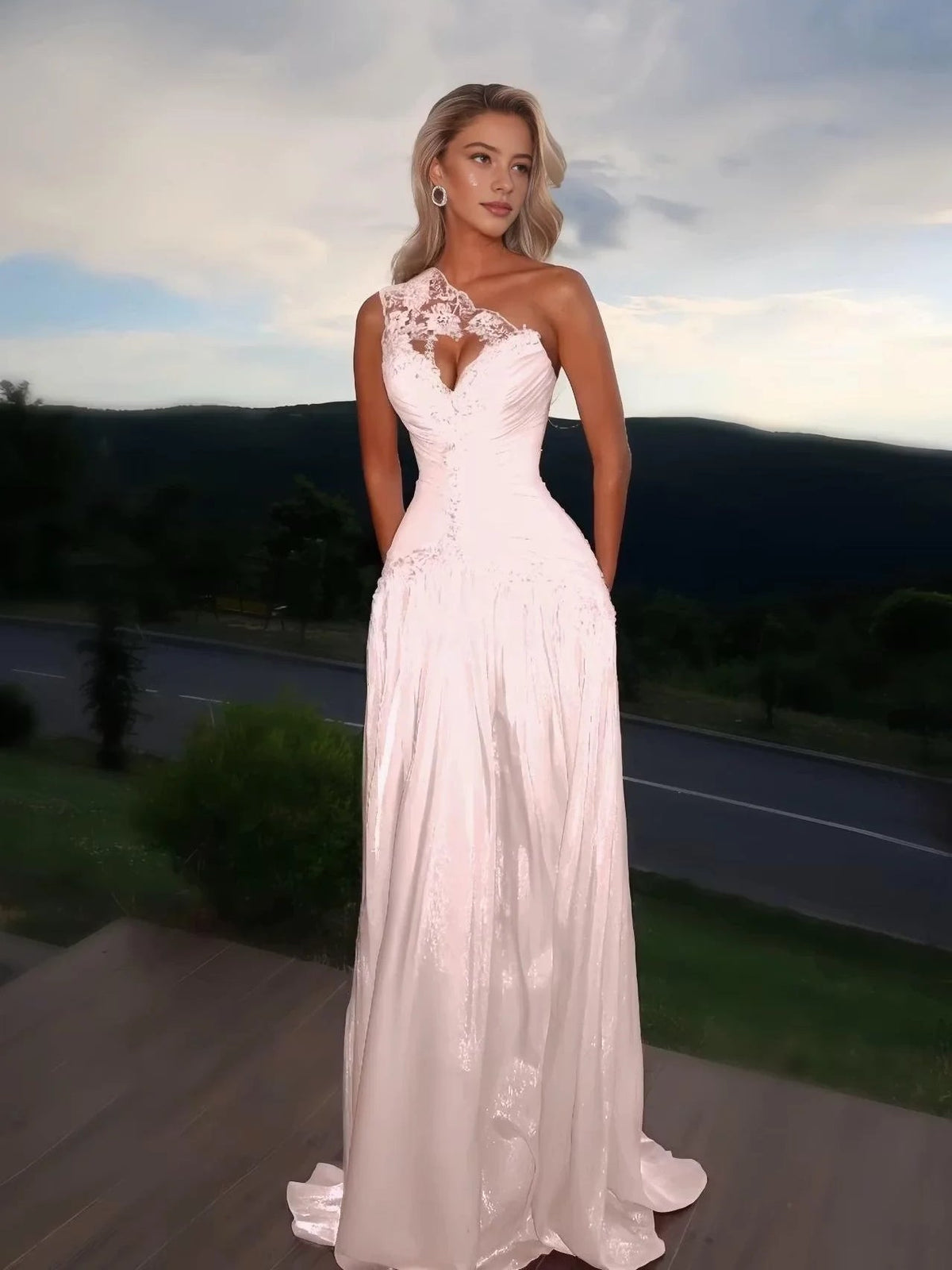 Ivory one-shoulder prom dress with floral lace bodice and ruched A-line skirt, floor length