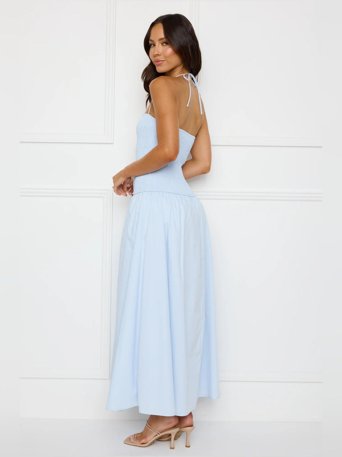 Blue a-line maxi formal dress with strapless neckline, alternate view showing the skirt