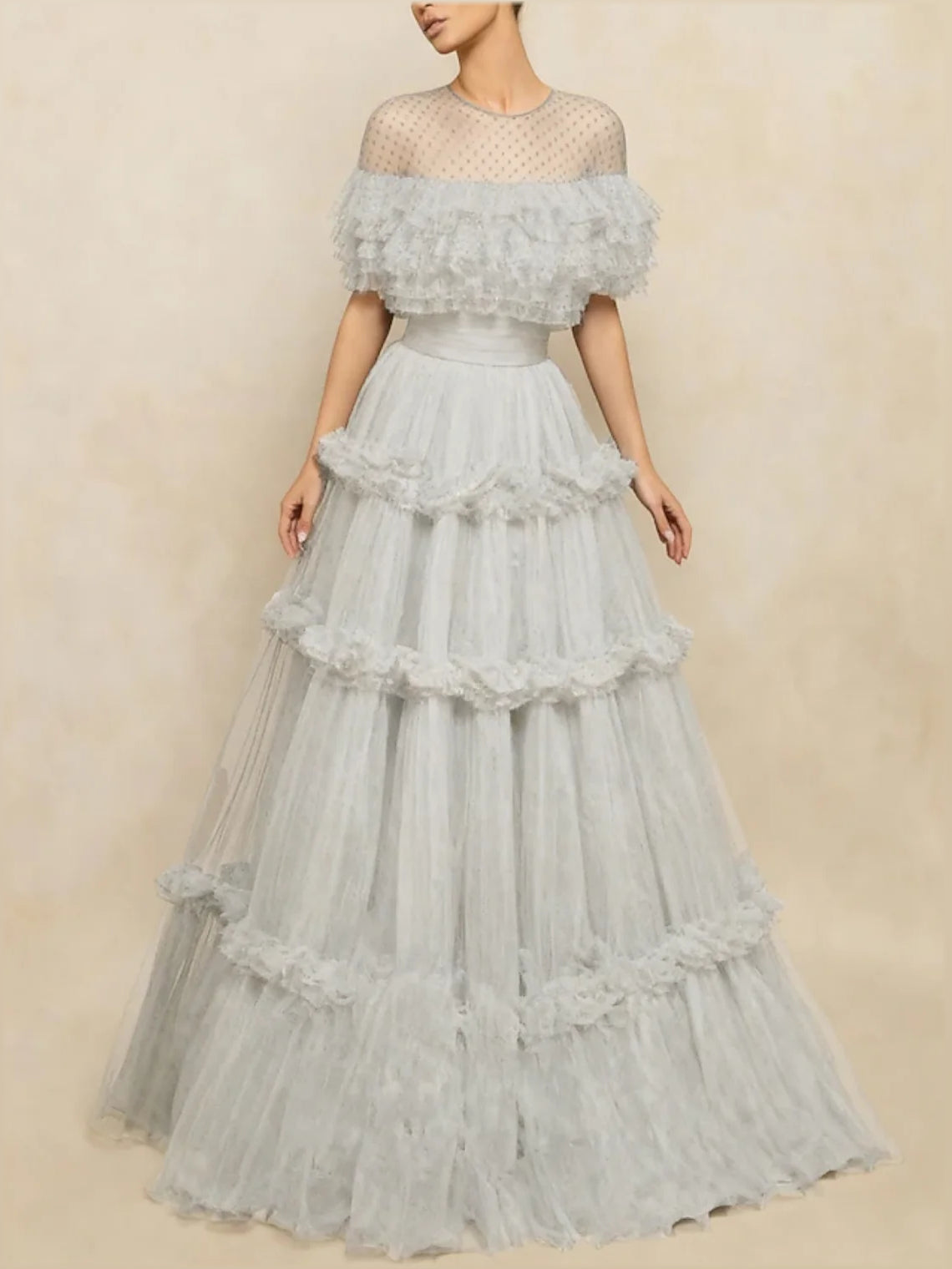 Light gray tulle A-line prom dress with off-shoulder ruffles and tiered tulle skirt