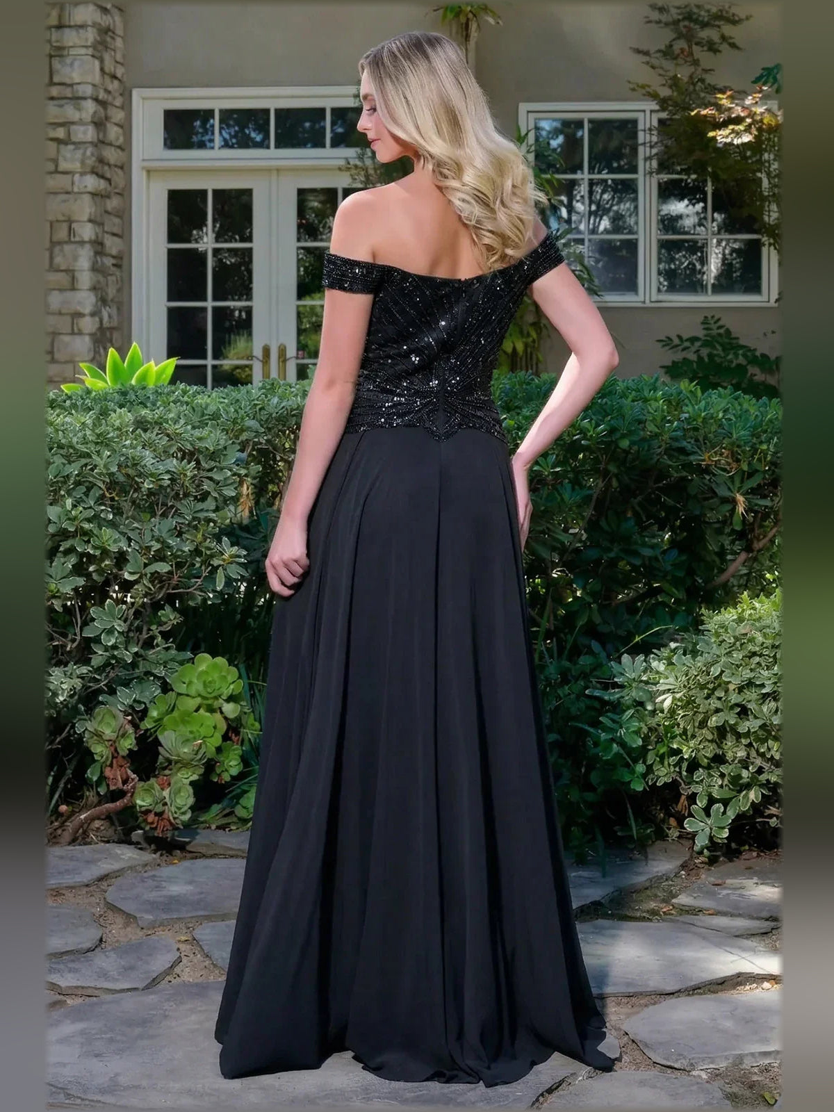 Black off-shoulder beaded floor-length formal gown, side/back view