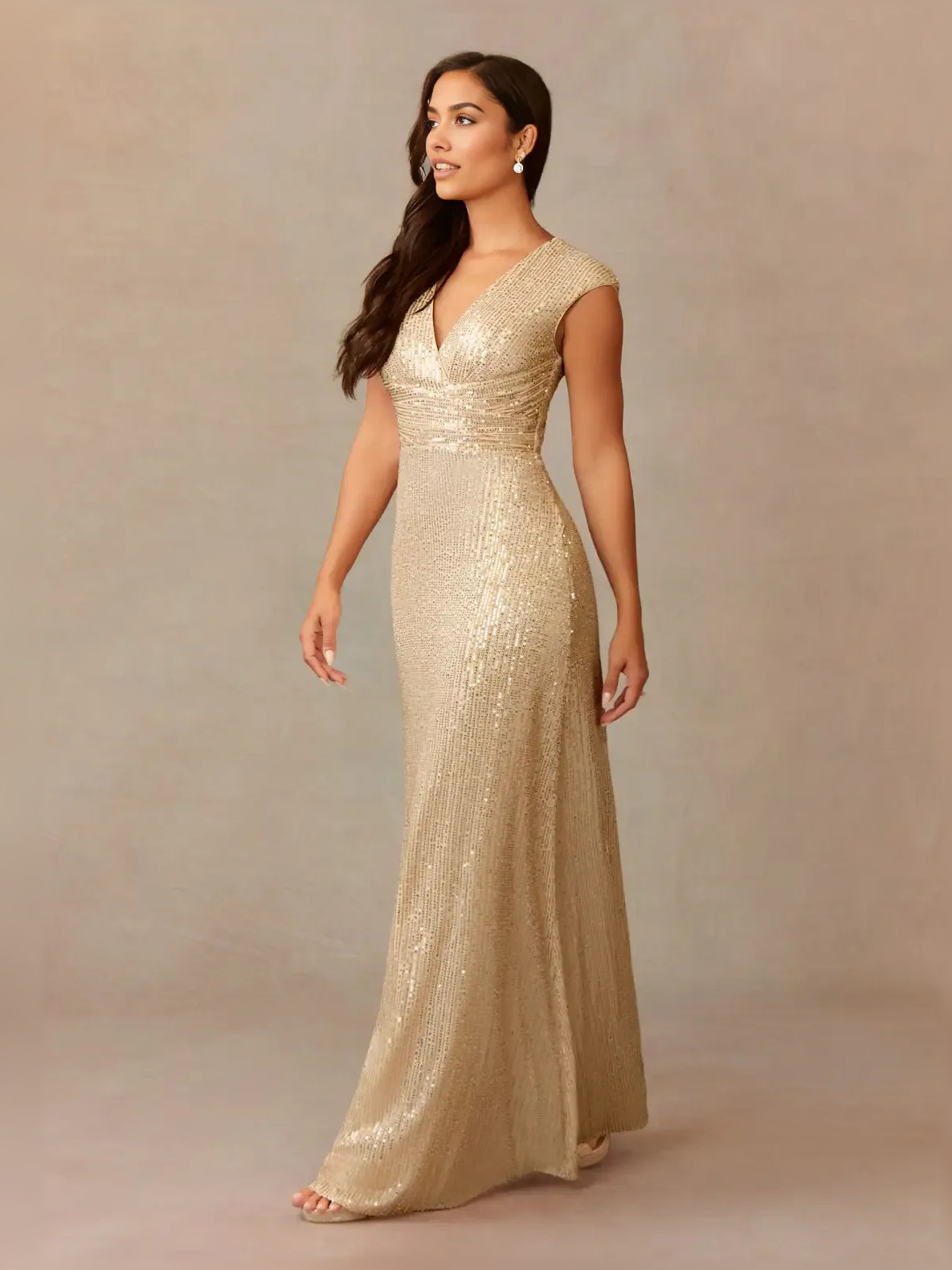 Champagne sleeveless sequin formal dress with V-neck, floor-length full-body view