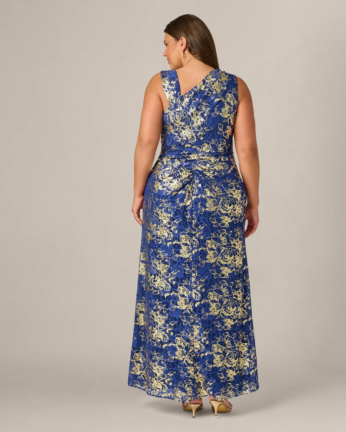 Blue-and-gold floral lace maxi dress, sleeveless back view with draped waist