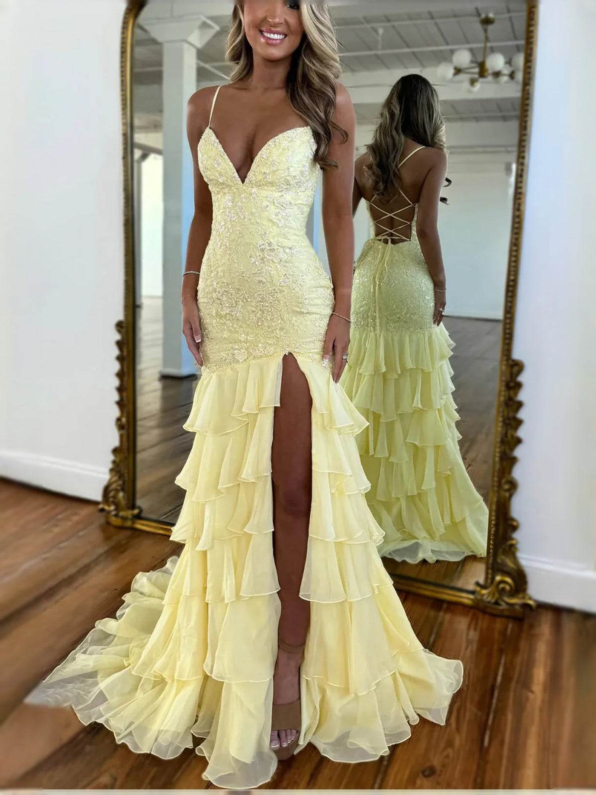 Lemon yellow sequined spaghetti-strap mermaid prom dress with tiered ruffle hem