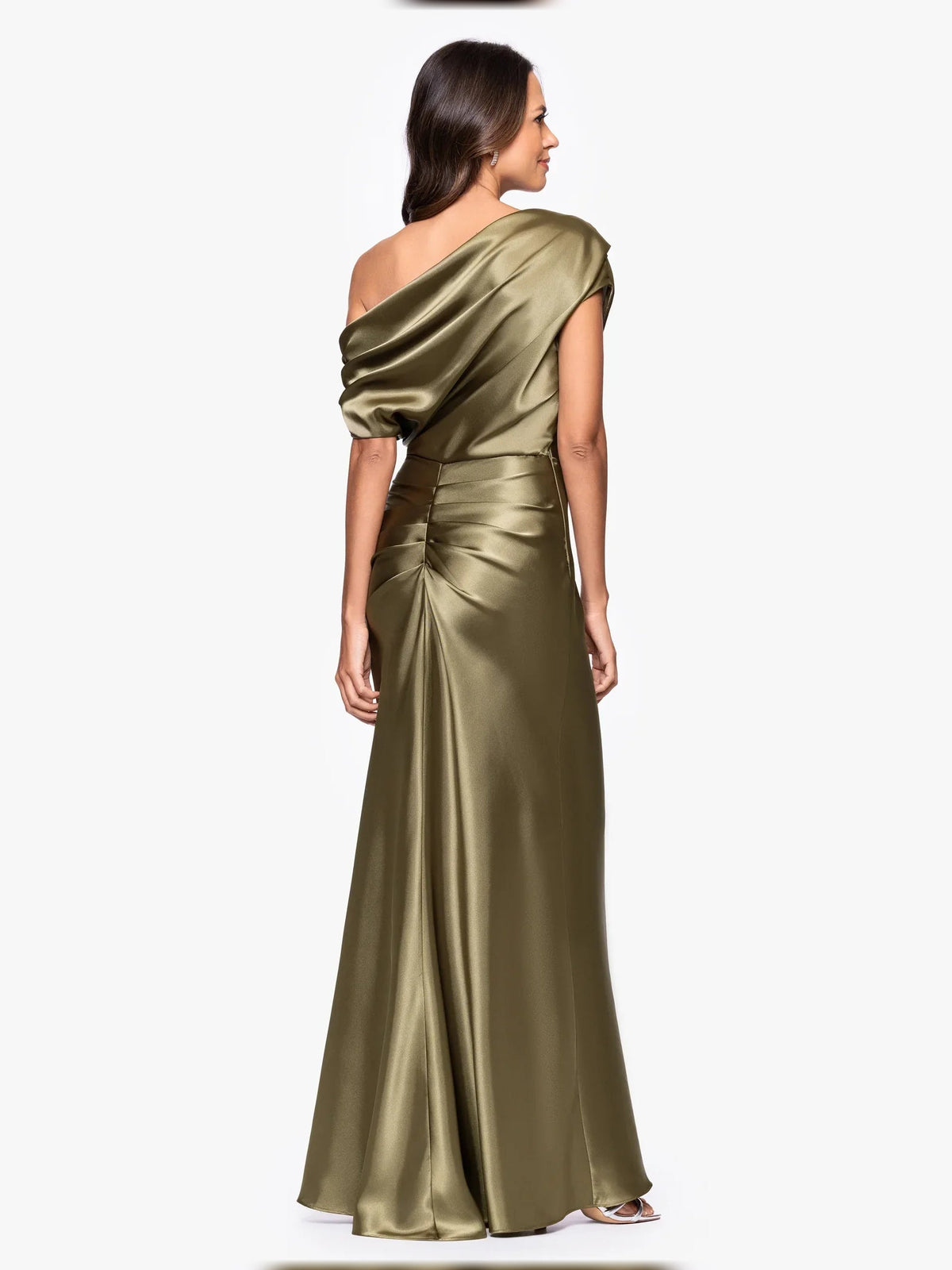 Olive green satin one-shoulder draped mermaid floor-length dress, back view