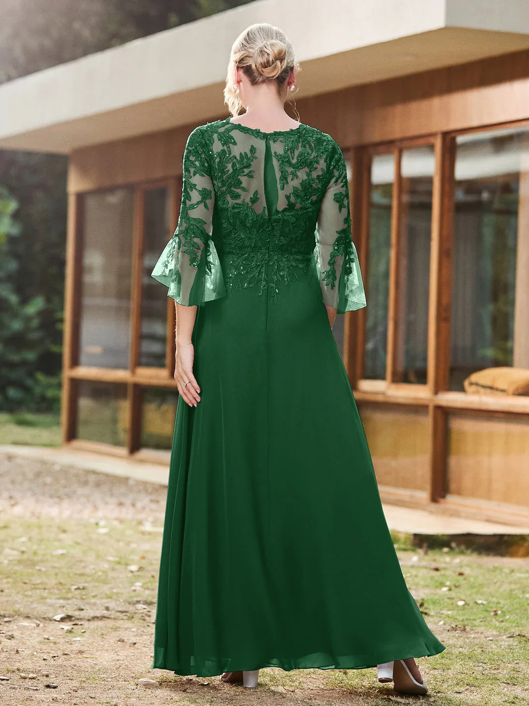 Floral illusion neck A-line chiffon dress, dark green, back view, ruffle bell sleeves