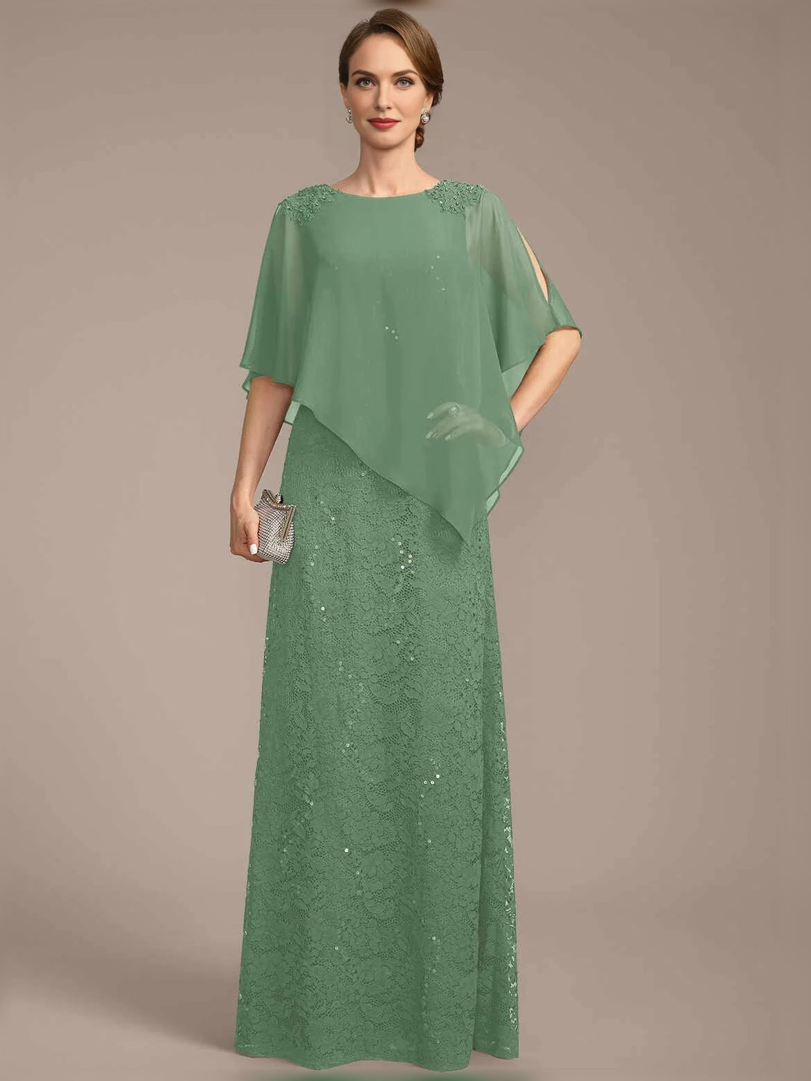 Mint green sequin sheath dress with chiffon cape overlay, bateau neckline, floor-length