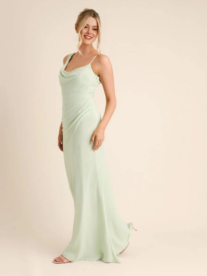 Mint green chiffon cowl-neck sheath dress with pleated drape, spaghetti straps, floor length