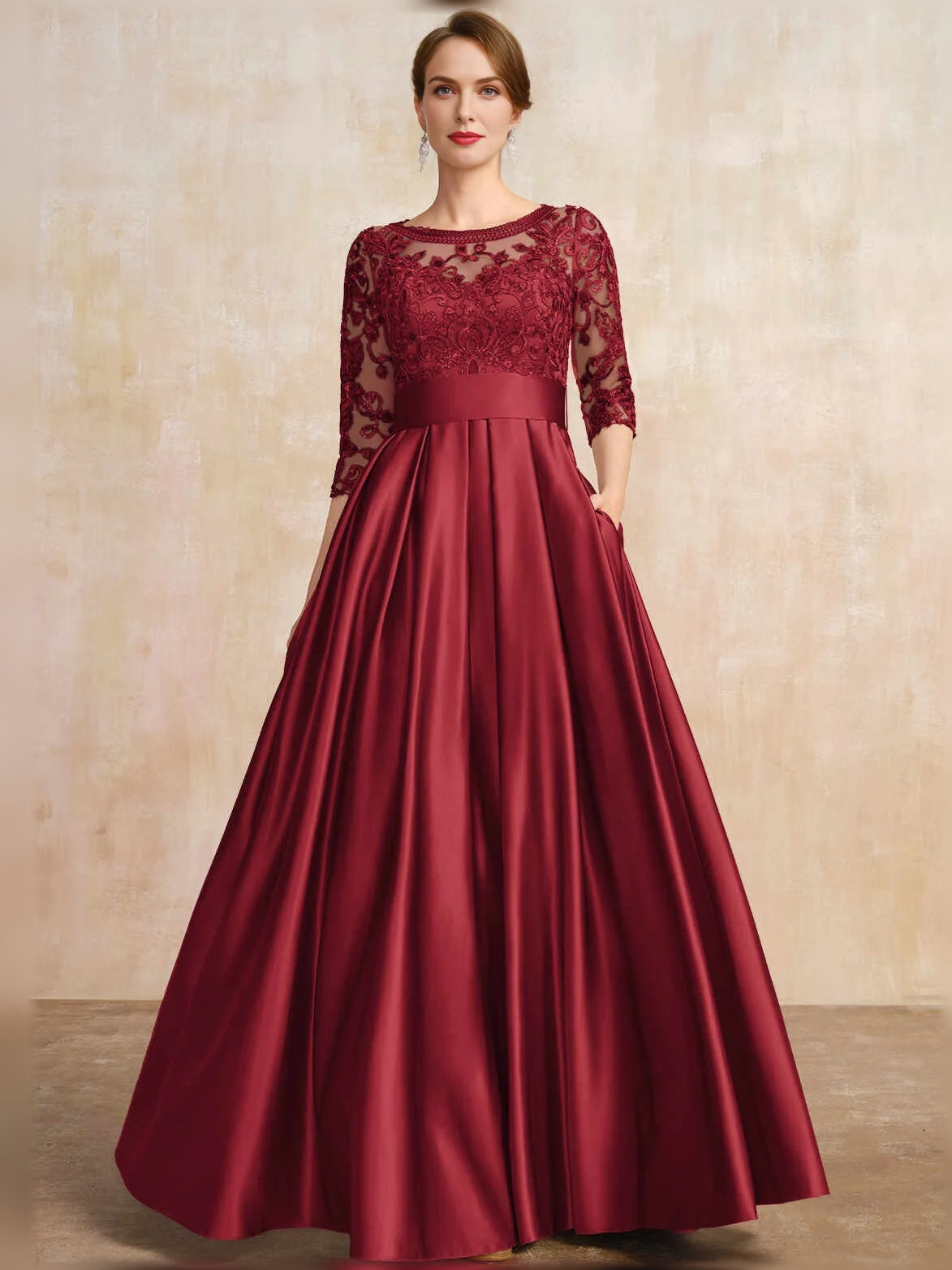 Crimson red satin A-line dress with lace 3/4 sleeves, scoop neck, pleated skirt