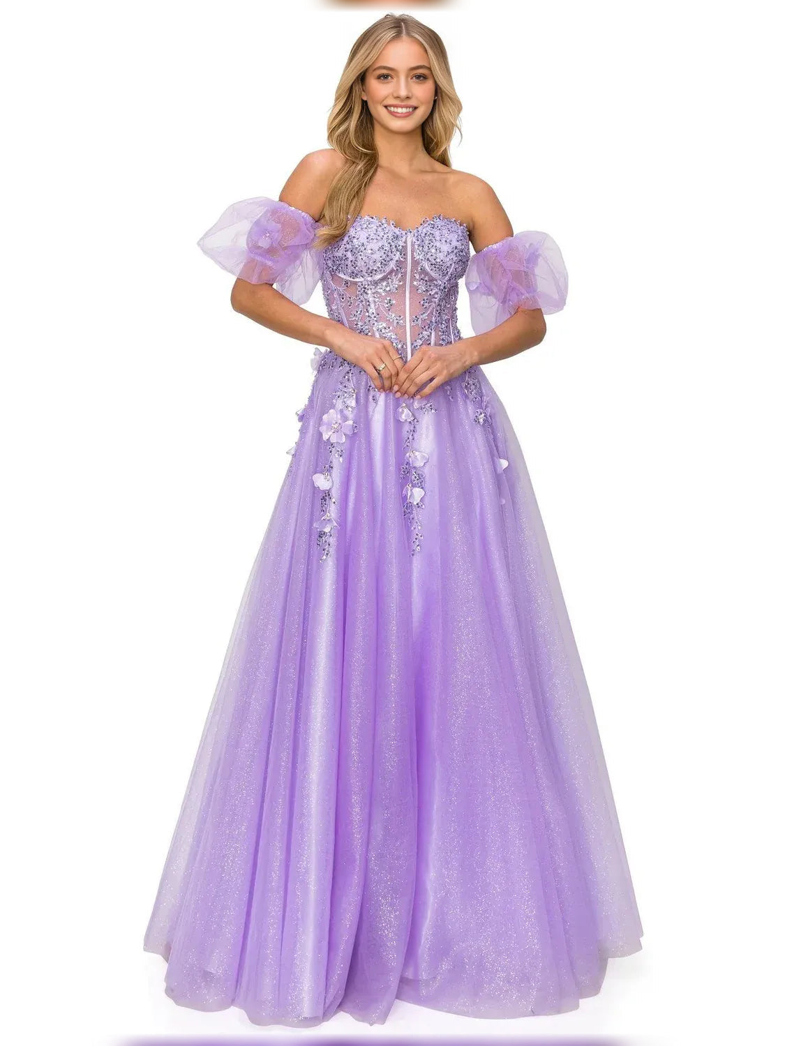 Lilac floral off-the-shoulder formal dress with puff sleeves and sparkly embroidered bodice