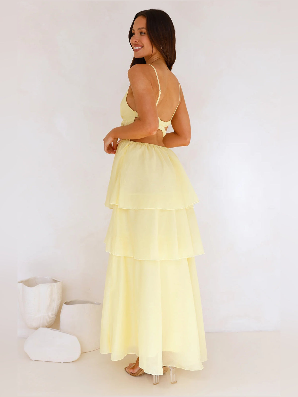 Yellow a-line maxi formal dress with tiered skirt, alternate view showing the skirt
