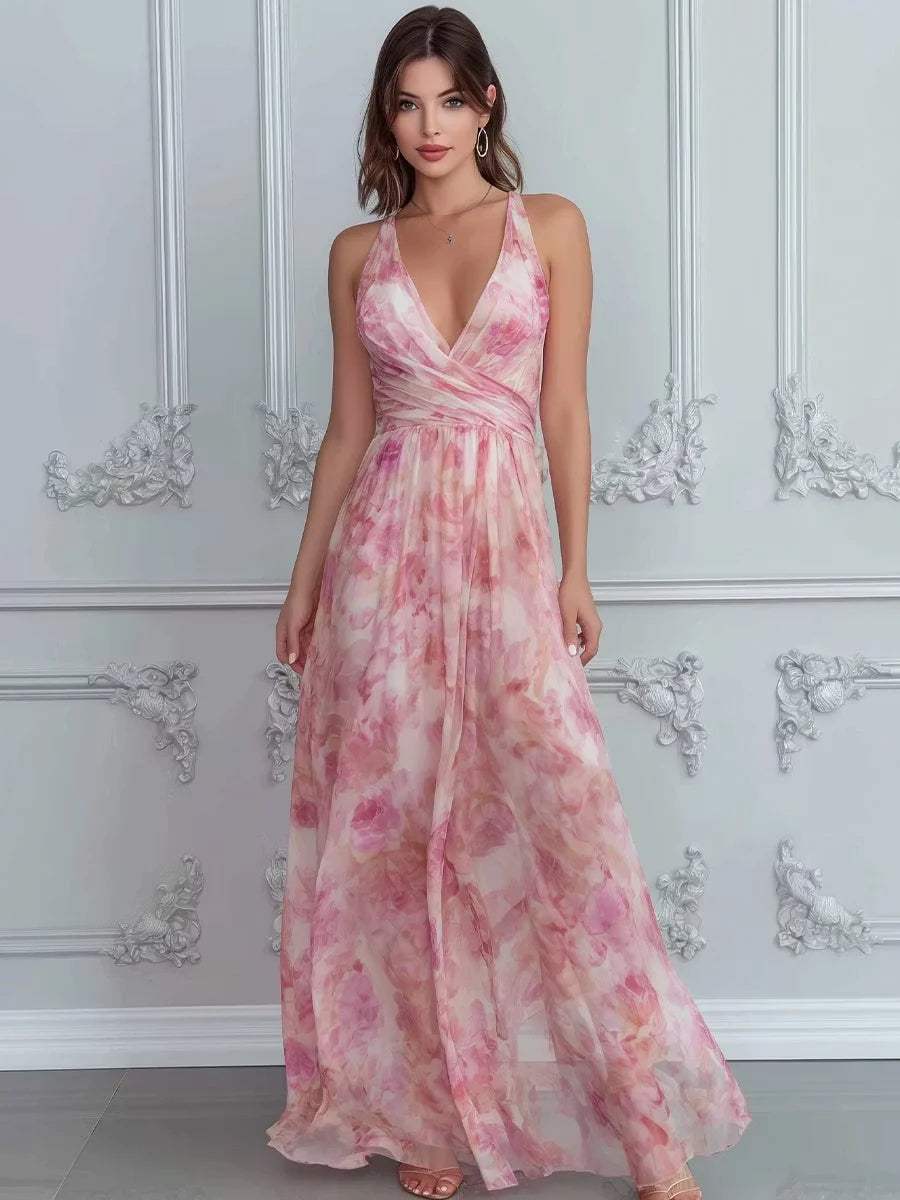 Dusty pink floral chiffon A-line maxi dress with V-neck and gathered waist