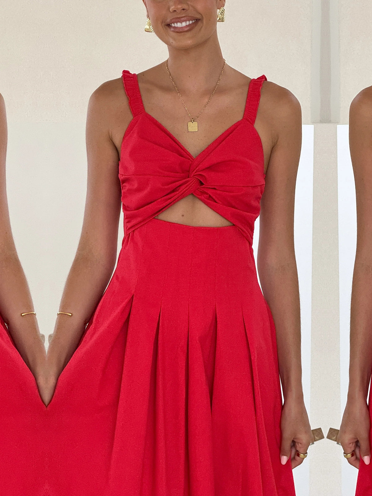 Red a-line maxi formal dress with pleated skirt, alternate view showing the skirt
