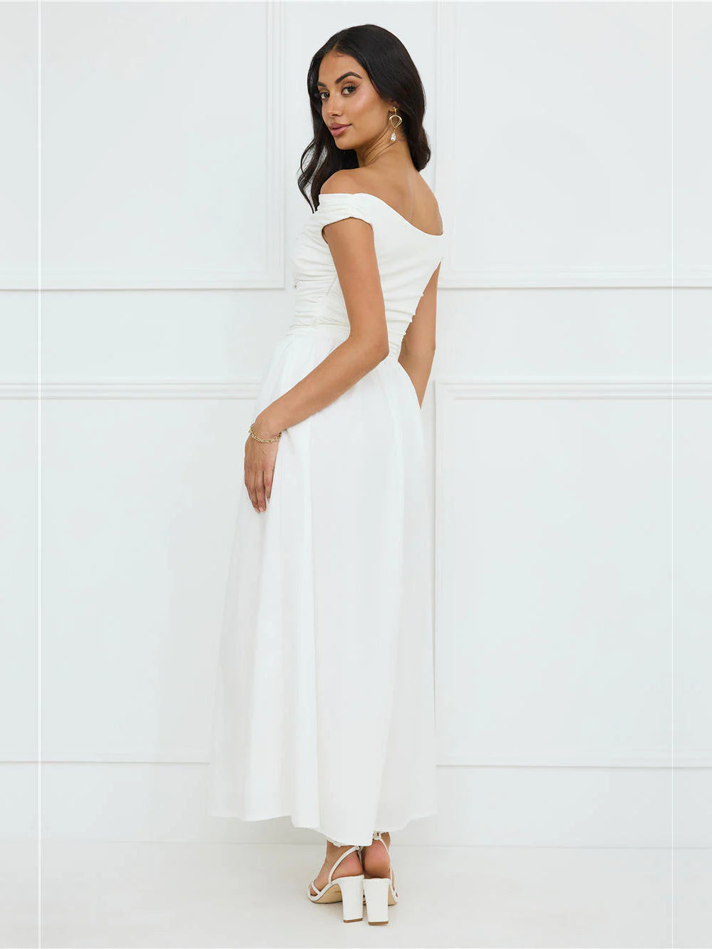 White a-line maxi formal dress with off-the-shoulder neckline, alternate view showing the skirt