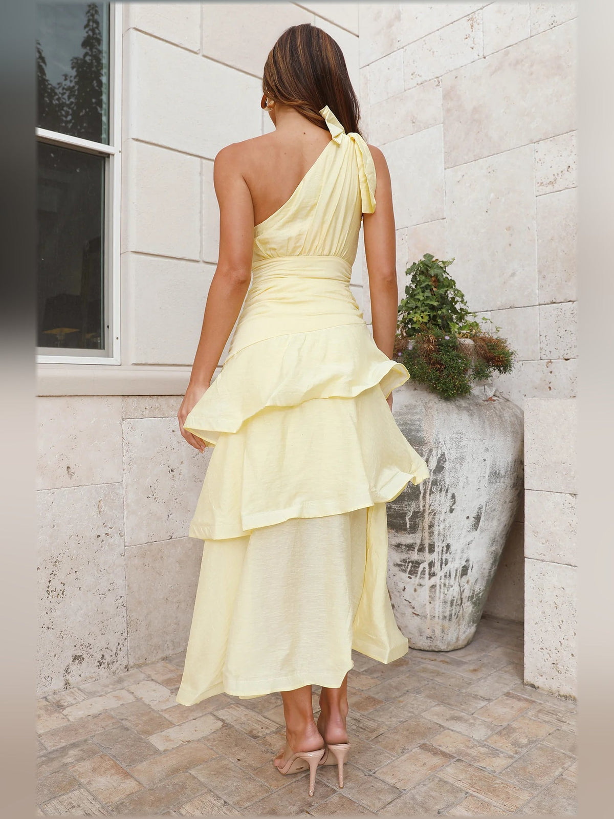 Yellow one-shoulder tiered midi formal dress, open back and layered skirt