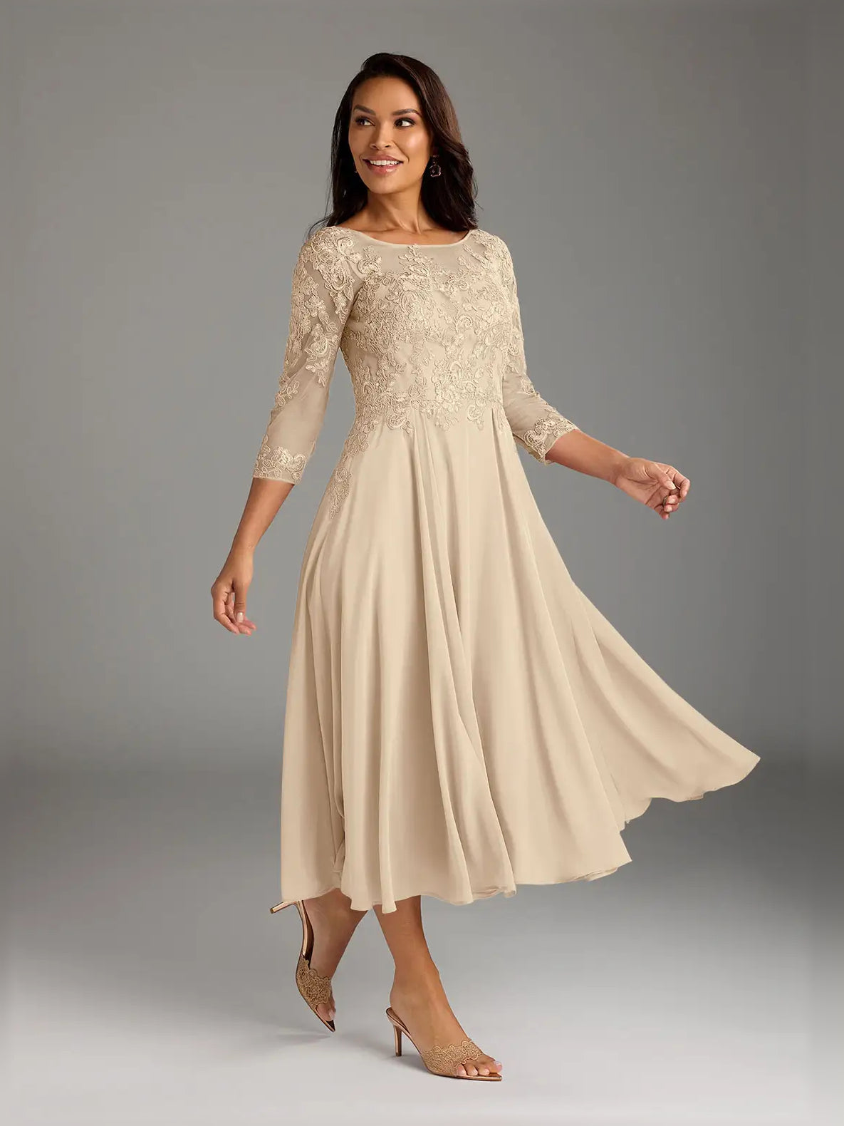 Women’s champagne midi chiffon A-line dress with scoop neckline and embroidered bodice