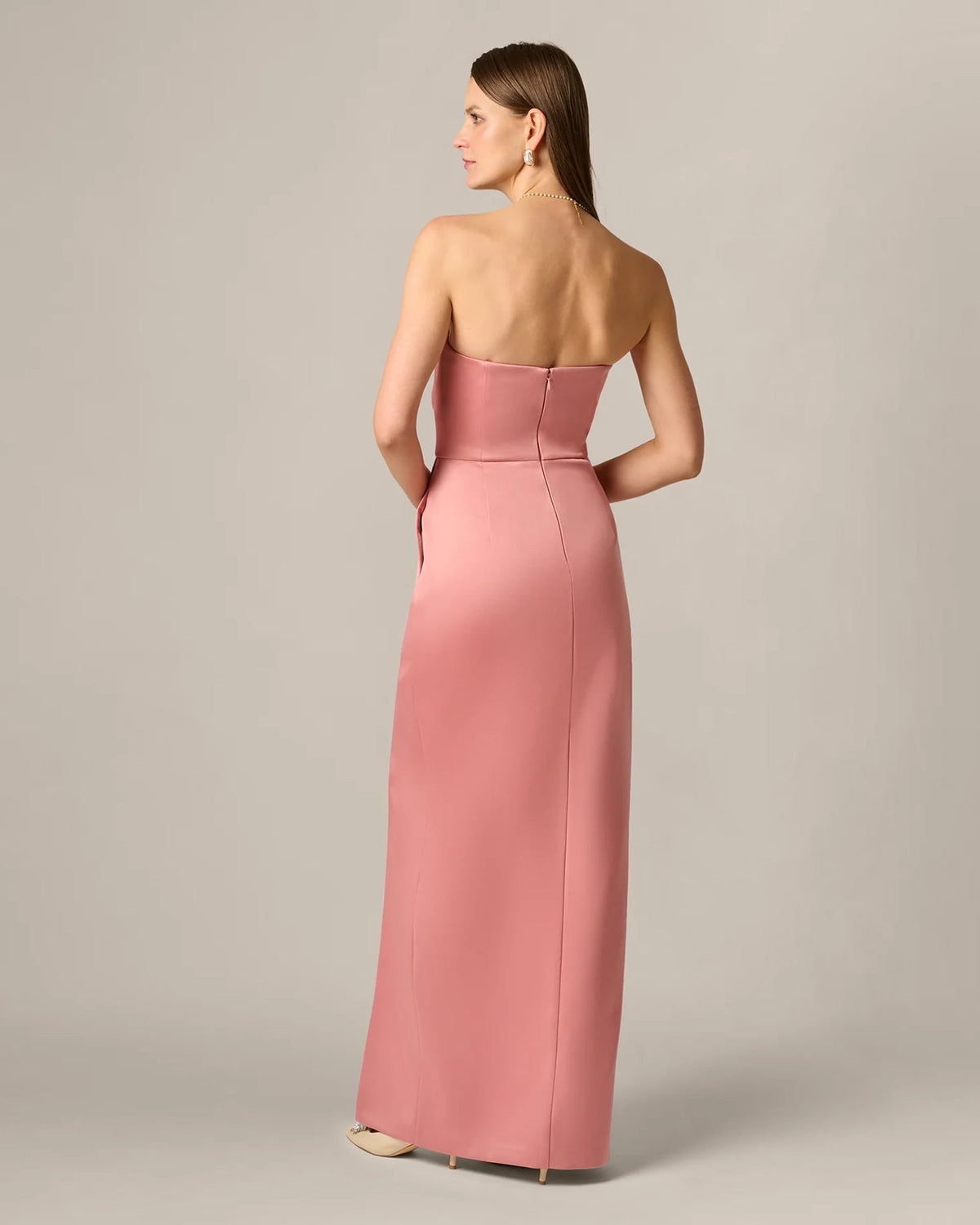 Rose strapless maxi dress with open back panel and front slit