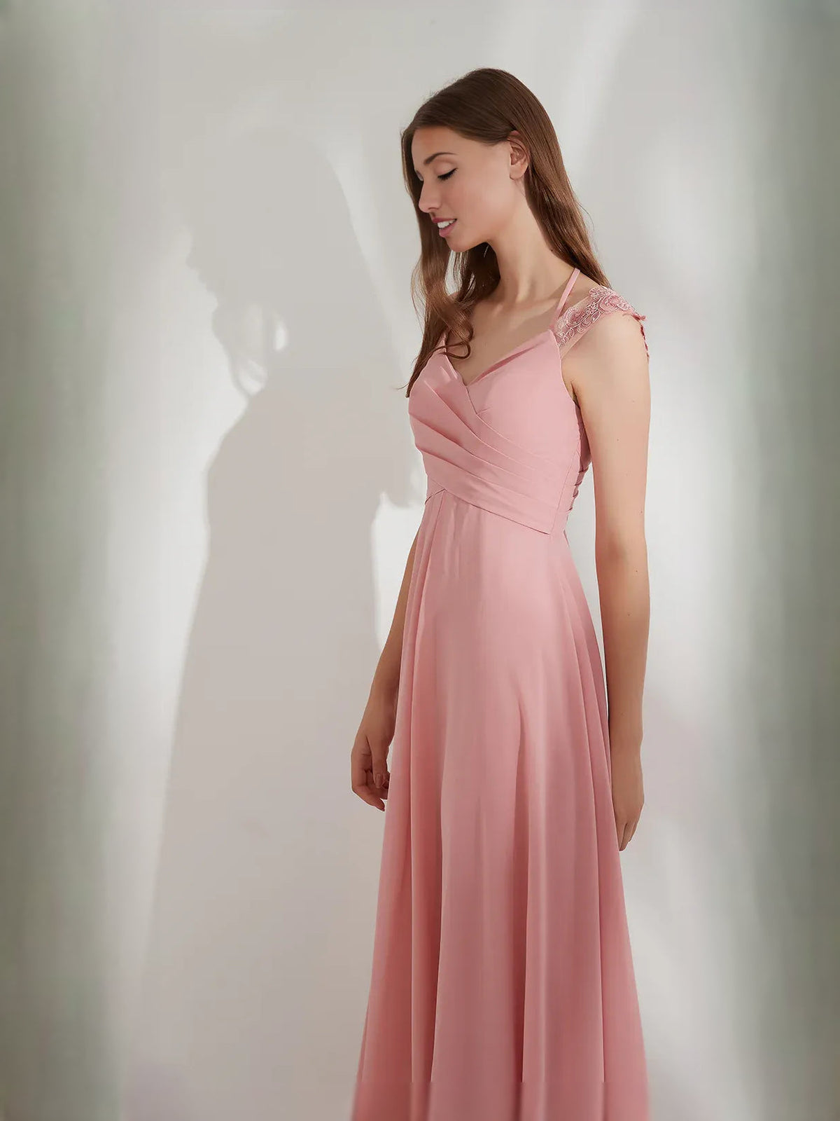 Peach V-neck ruching A-line formal maxi dress with cap sleeves, side drape