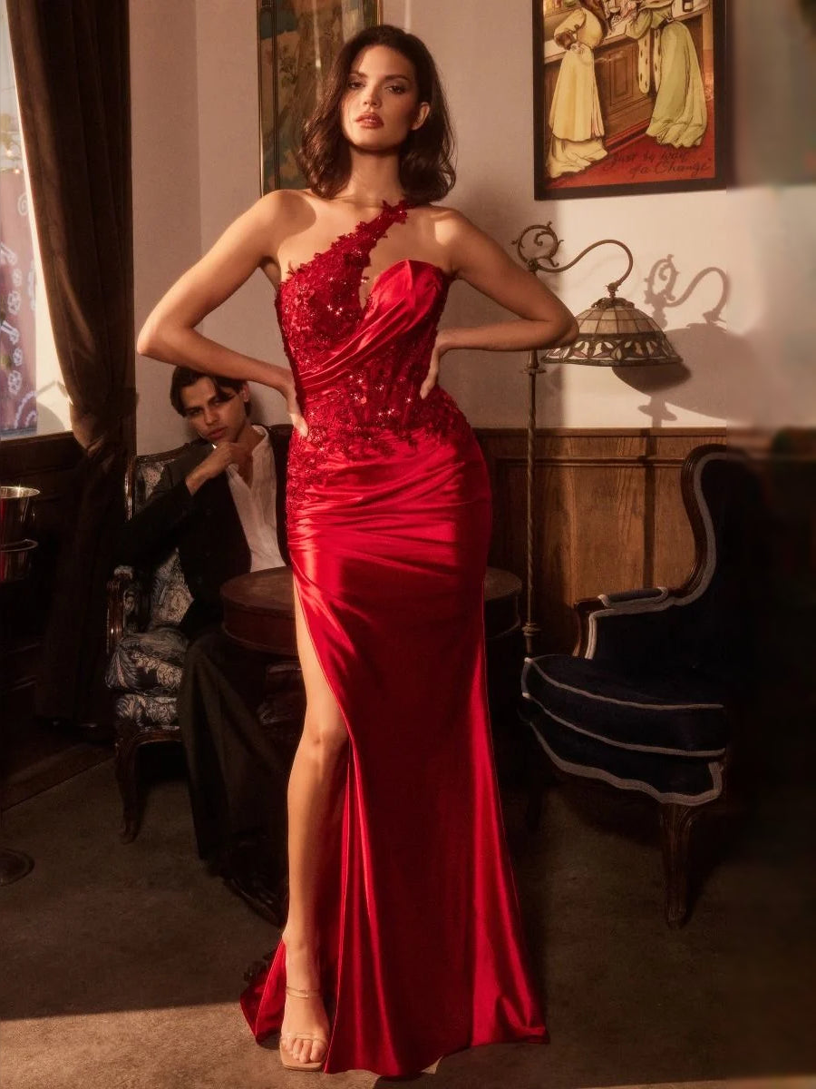 Red one-shoulder mermaid satin prom dress with floral appliques and thigh slit
