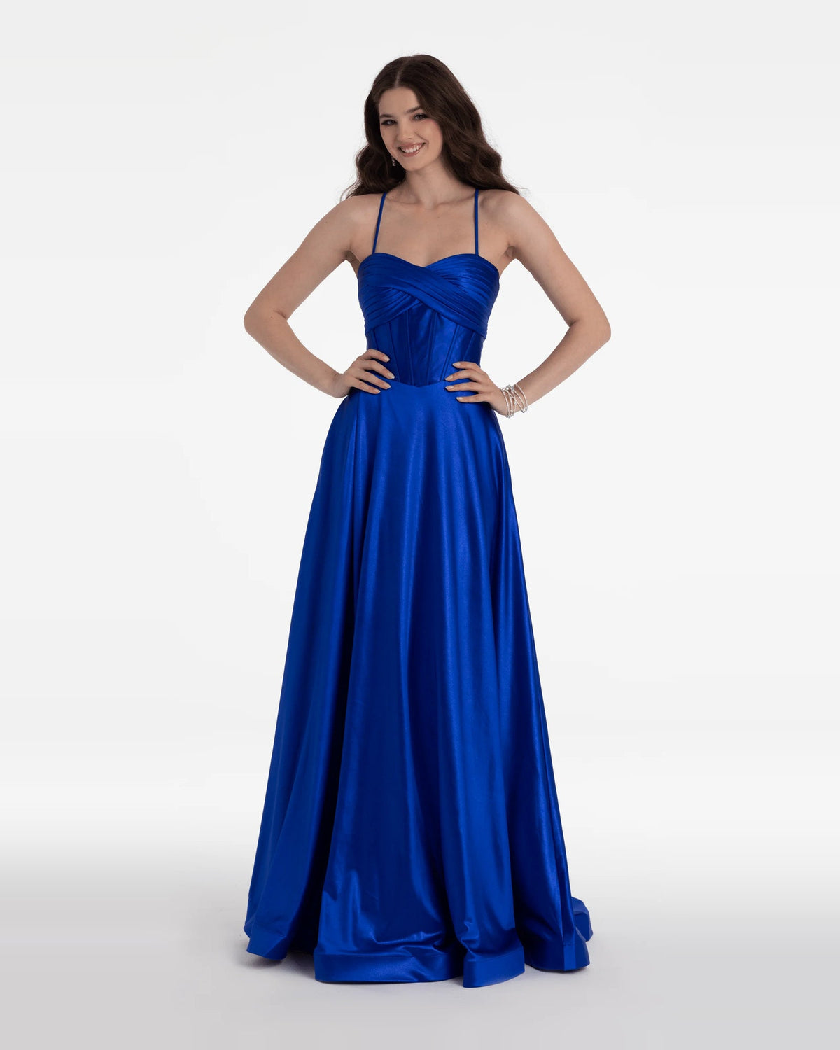 Blue corset ball-gown prom dress with sweetheart neckline and gathered waist