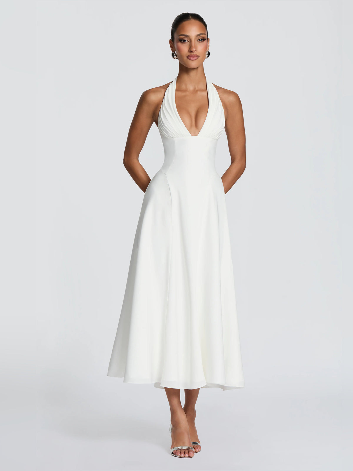 Ivory halter midi formal dress with V-neck pleated bodice and full skirt