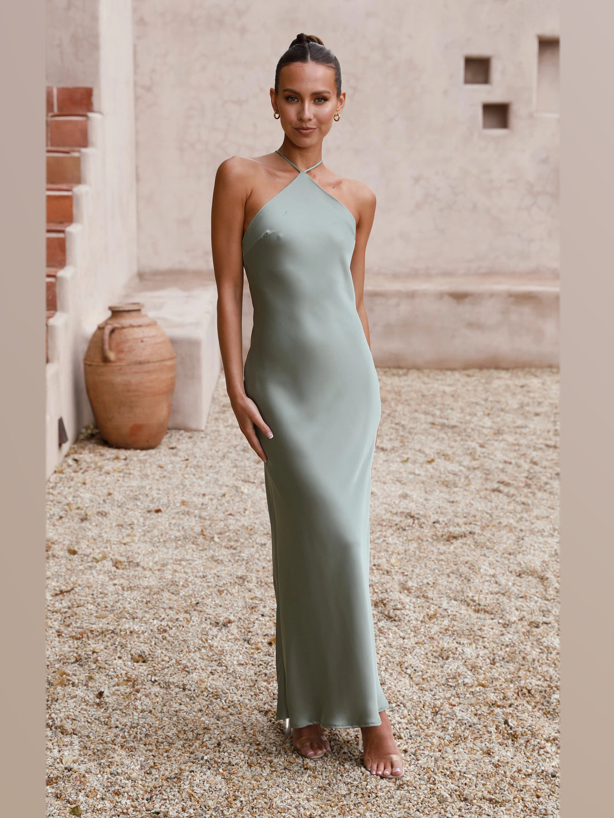 Green maxi formal dress, alternate full-length view showing the hem