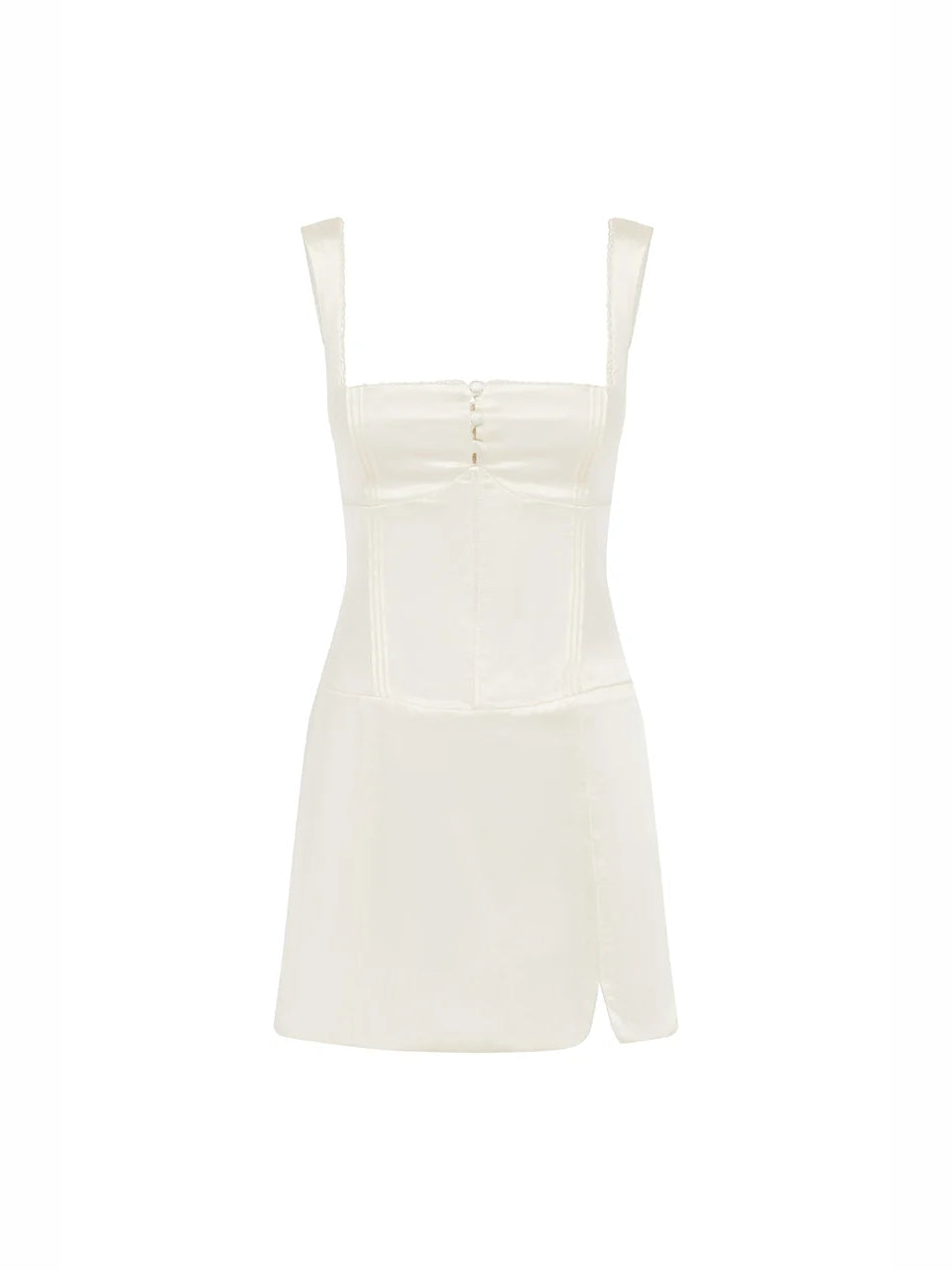 Ivory ruched square-neck mini dress with fitted corset bodice