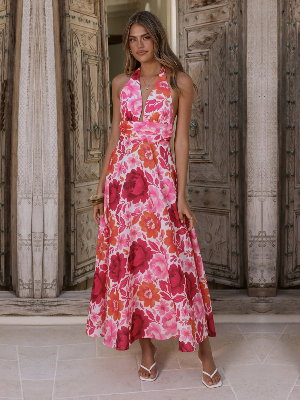 Pink Floral a-line maxi formal dress with floral print, alternate view showing the skirt