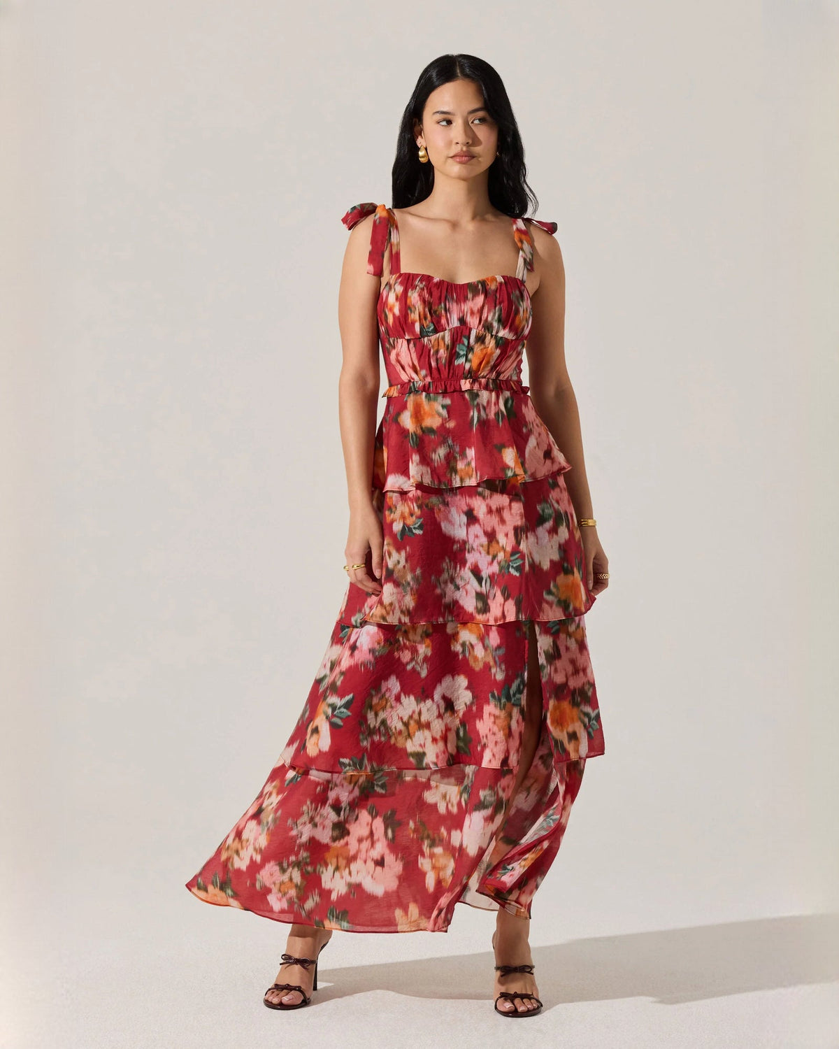 Red floral tiered chiffon A-line maxi dress with sweetheart neckline and bow tie straps