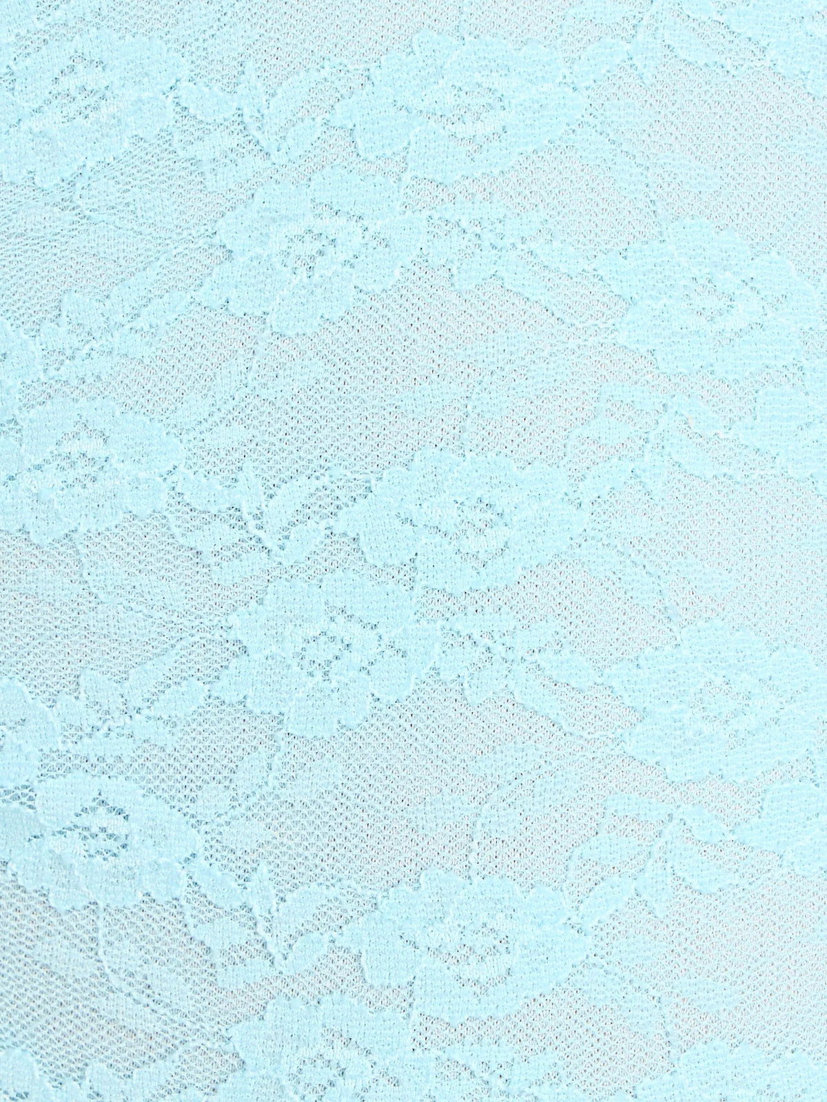 Light blue lace fabric swatch with textured floral pattern