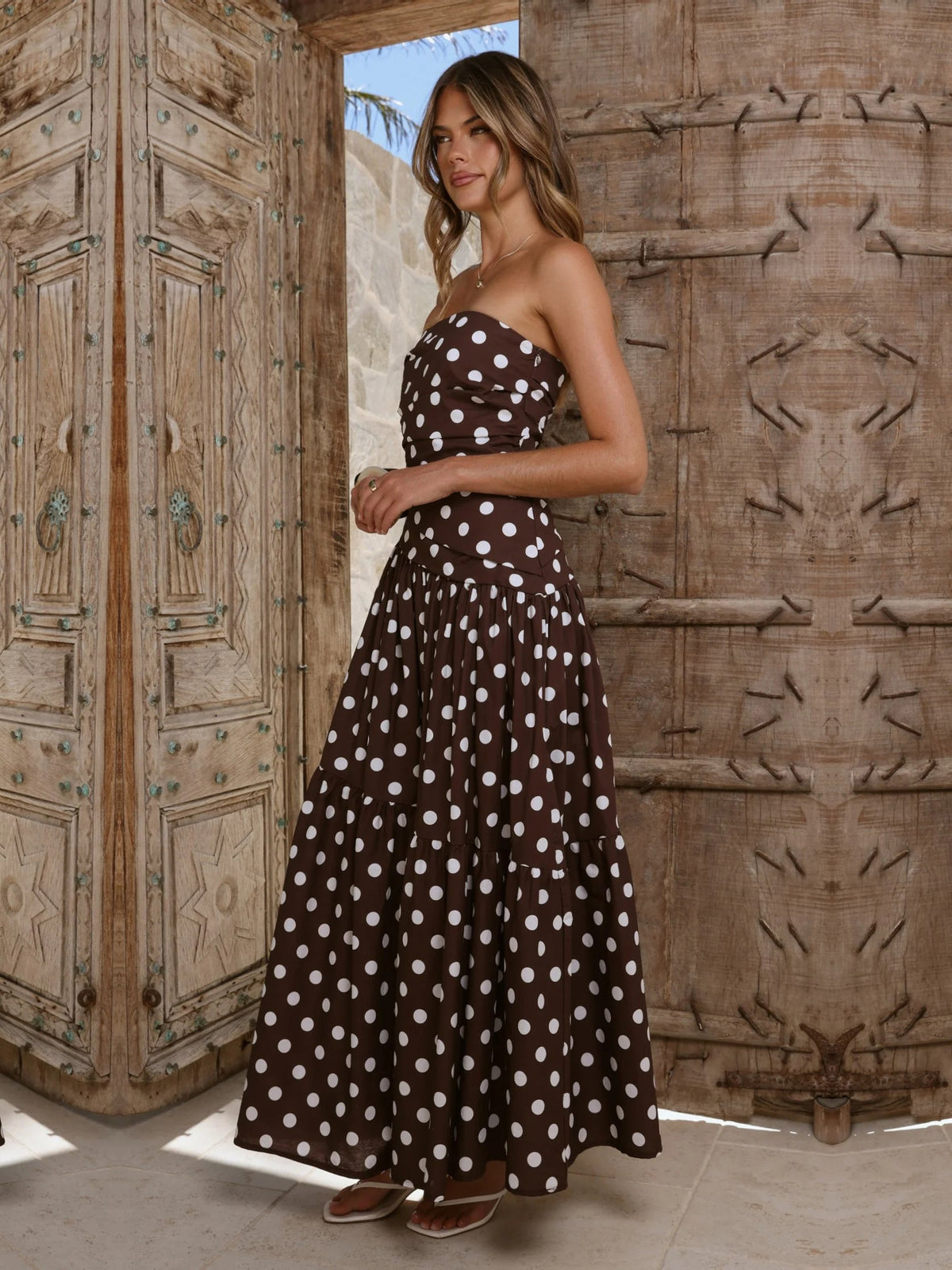 Brown White Polka Dot a-line maxi formal dress with printed pattern, alternate view showing the skirt