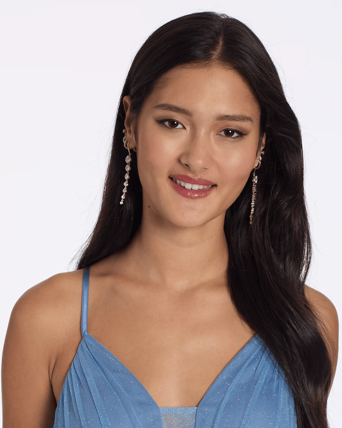 Denim blue embellished neckline with spaghetti straps on tiered fit-and-flare dress