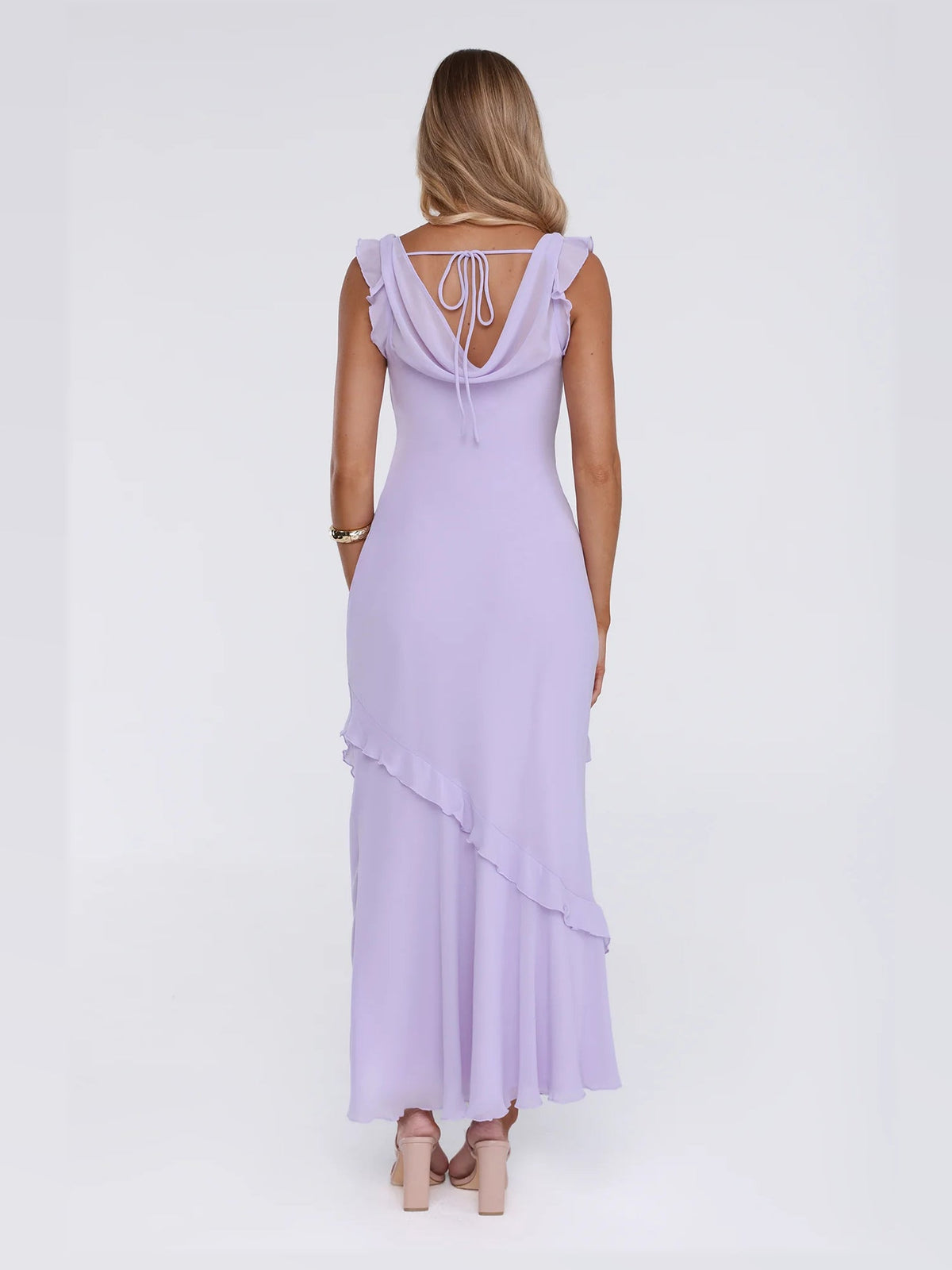 Lavender midi formal dress, alternate full-length view showing the hem