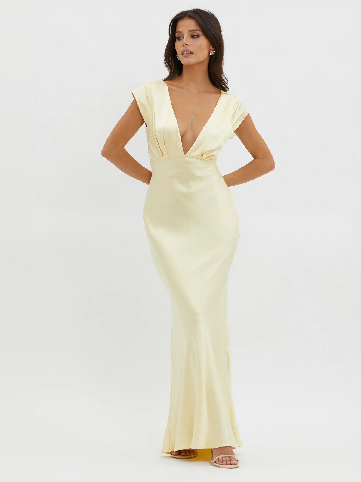 Yellow V-neck midi formal dress with cap sleeves and flared hem