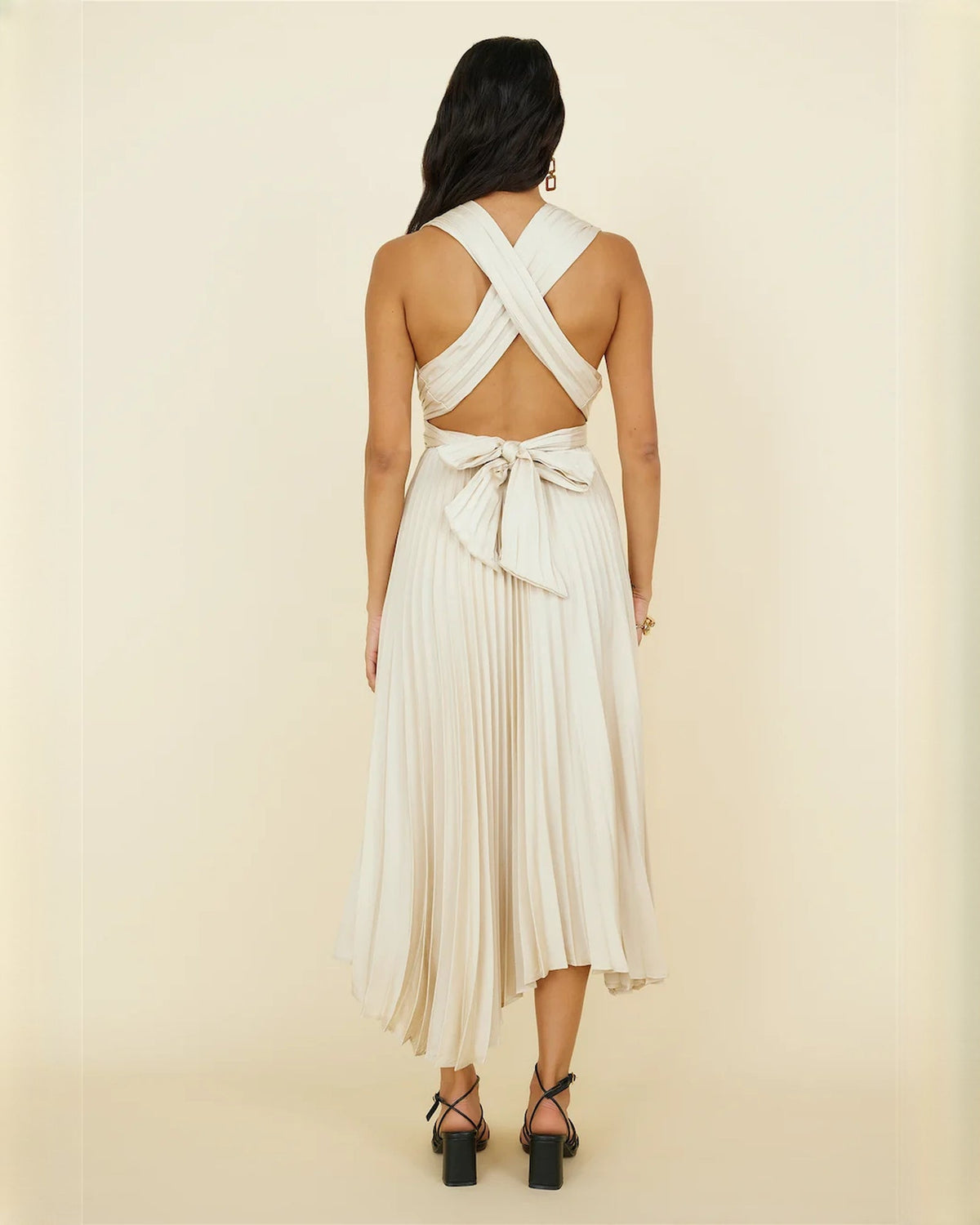 Ivory chiffon A-line midi dress, open back with crisscross straps and bow at waist
