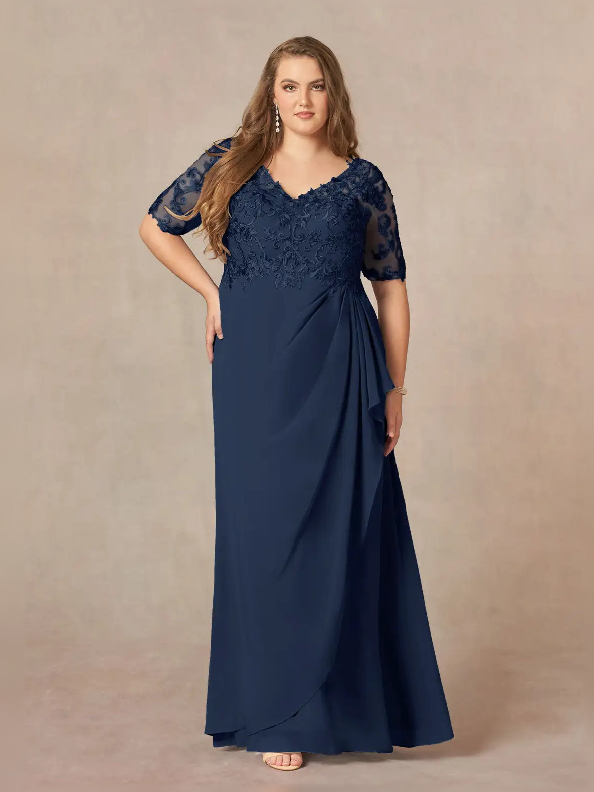 Dark navy embroidered lace V-neck maxi dress with short sleeves and draped A-line skirt