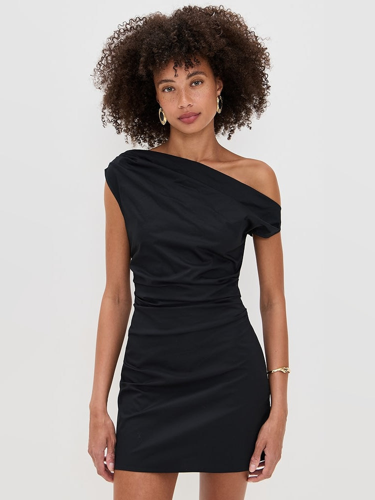 Black one-shoulder ruched mini dress, front view with gathered shoulder sleeve