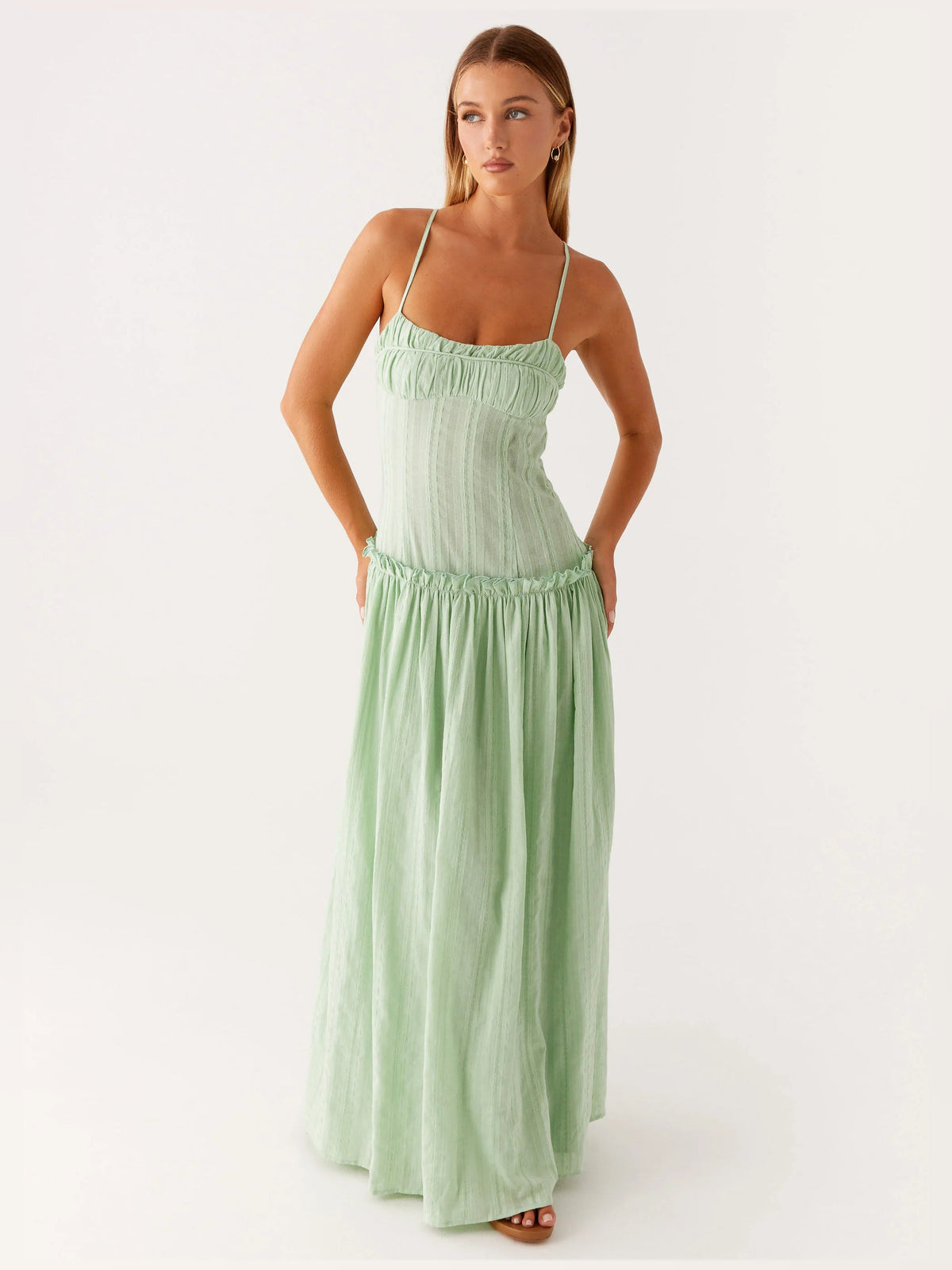 Sage a-line maxi formal dress with square neckline, alternate full-length view showing the skirt