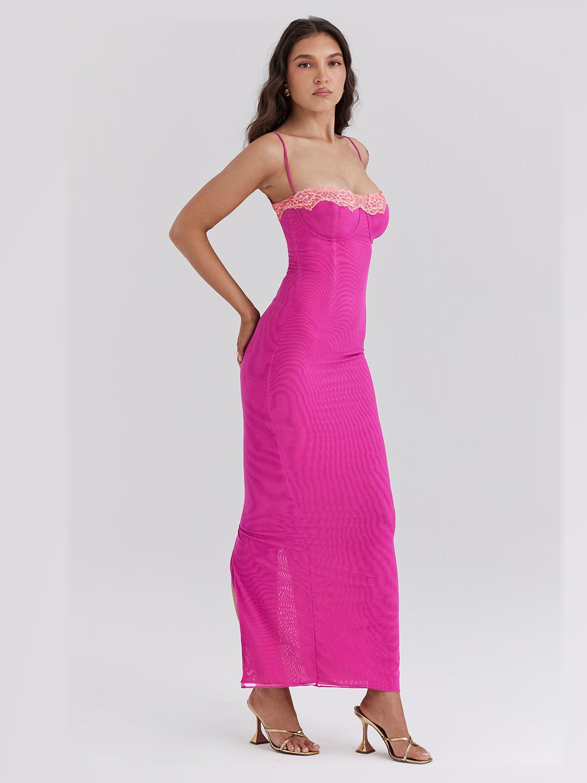 Hot Pink maxi formal dress, alternate full-length view showing the hem