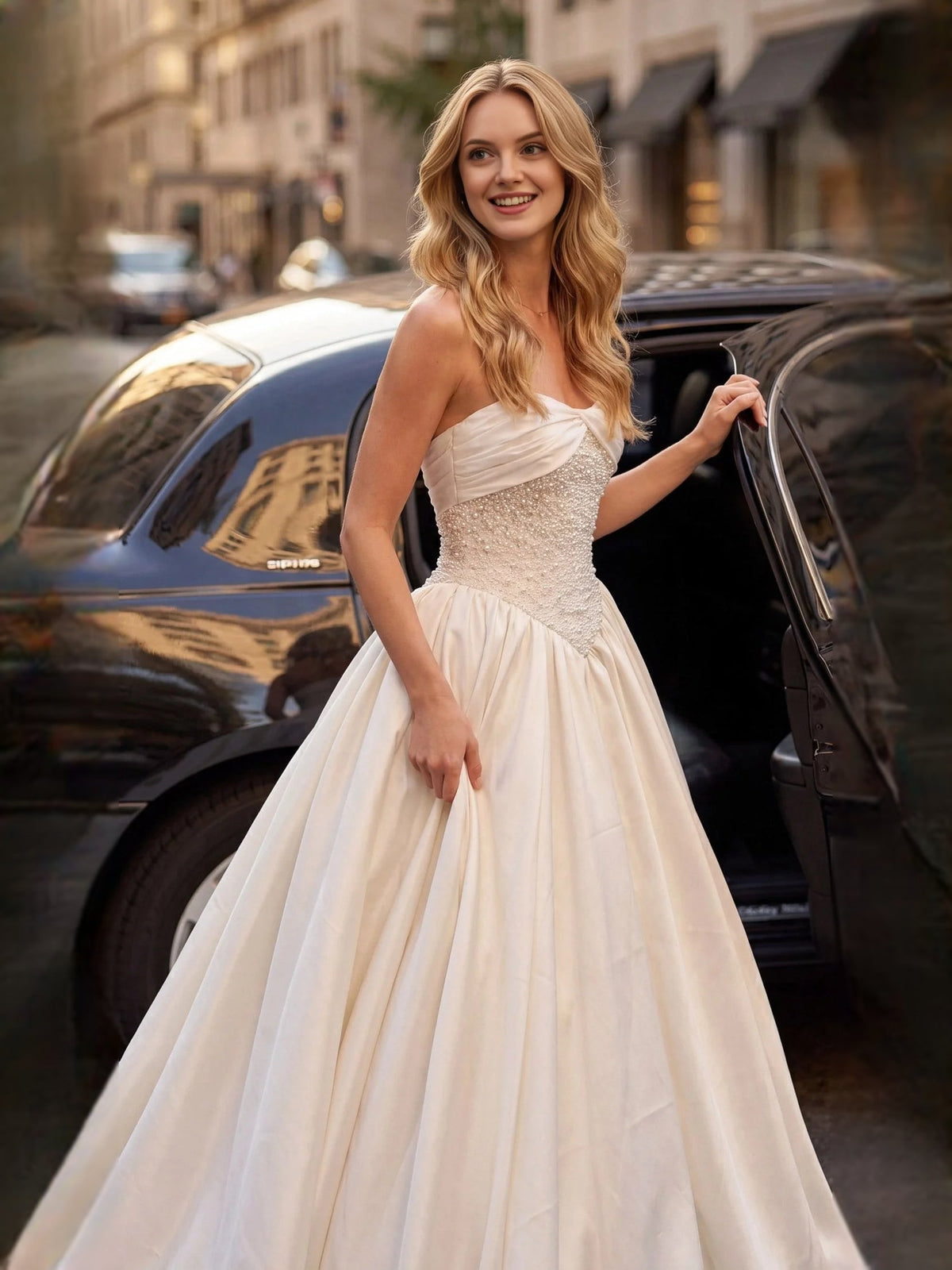 Ivory strapless satin wedding dress with beaded bodice and flowing A-line skirt