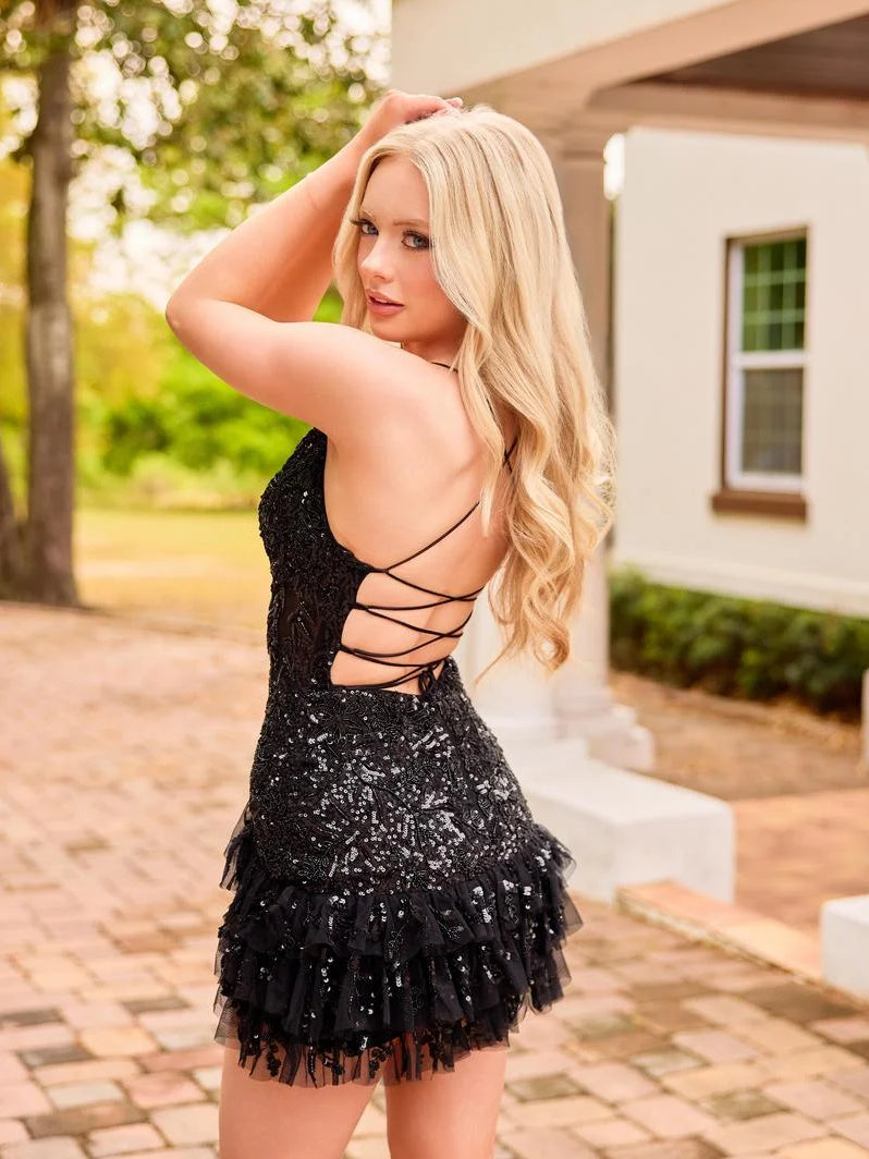 Black sequin V-neck bodycon mini dress with tiered ruffle skirt