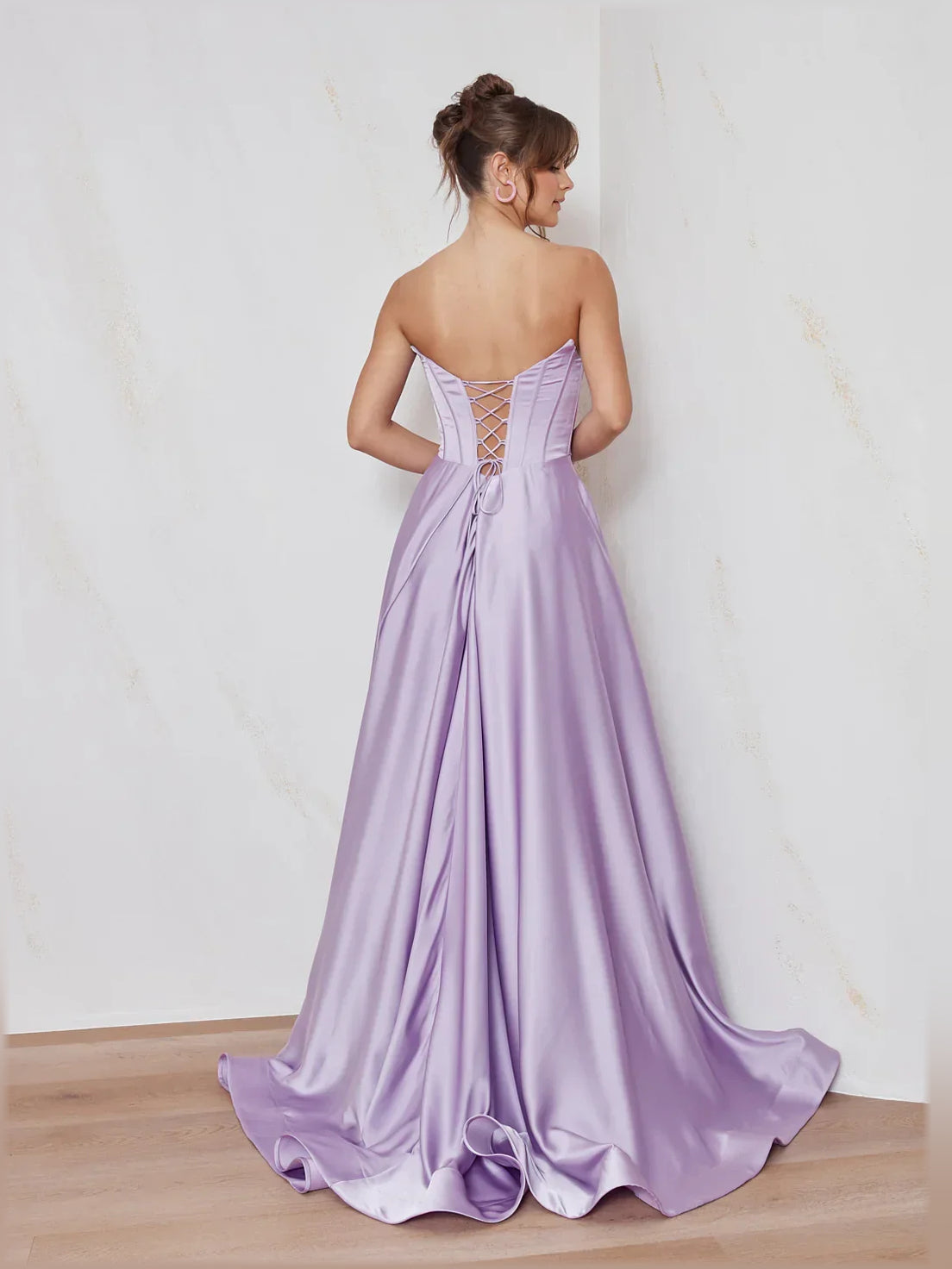 Orchid purple strapless corset backless maxi dress with crisscross lace detail