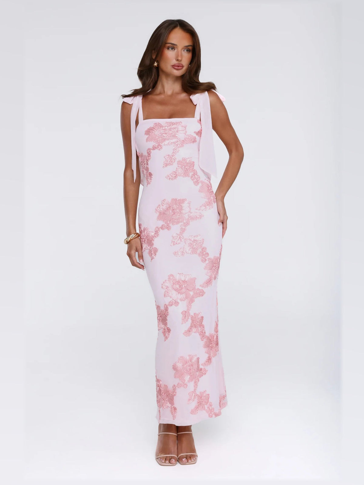 Pink maxi formal dress, alternate full-length view showing the hem